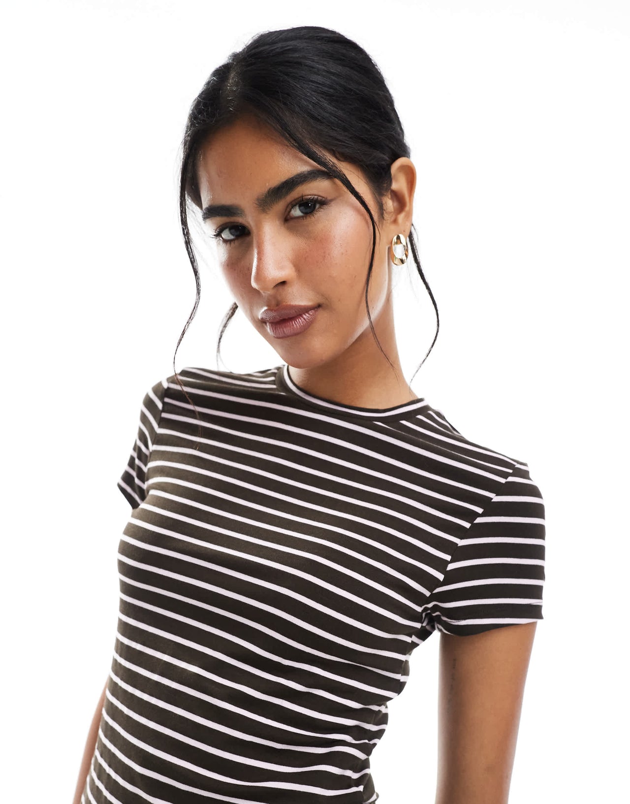Pieces jersey t-shirt co-ord in chocolate brown and pink stripe