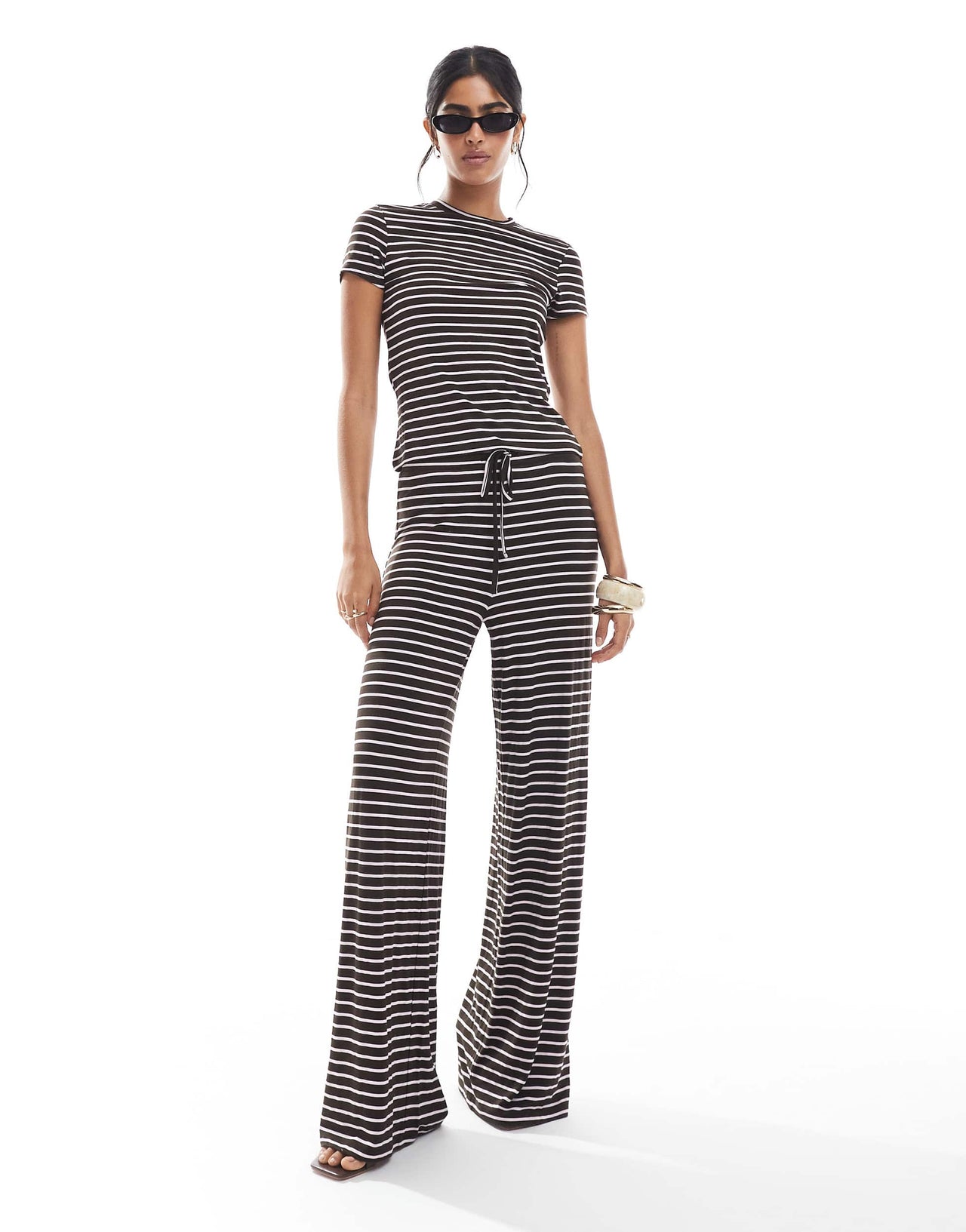 Pieces jersey t-shirt co-ord in chocolate brown and pink stripe