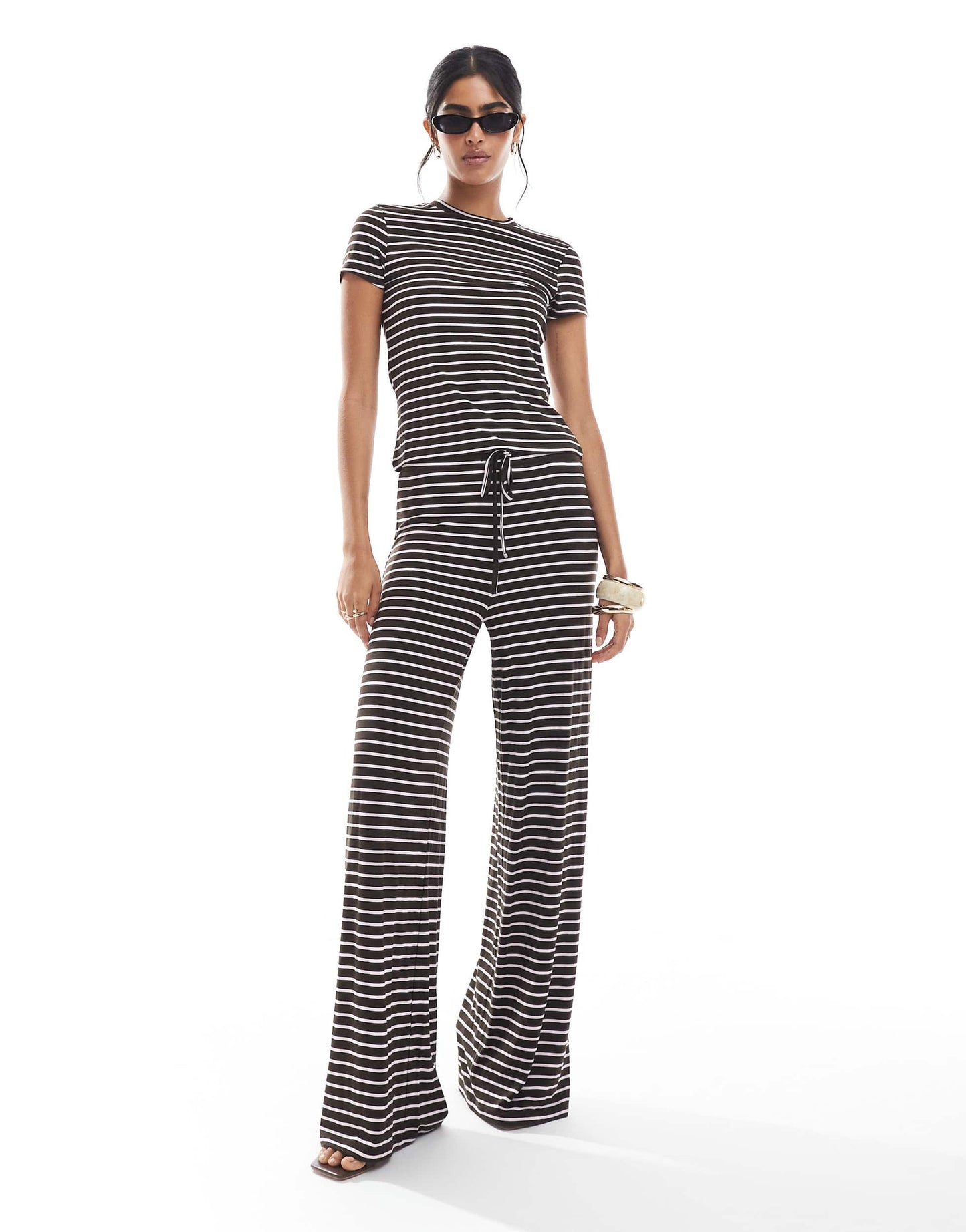Pieces jersey t-shirt co-ord in chocolate brown and pink stripe