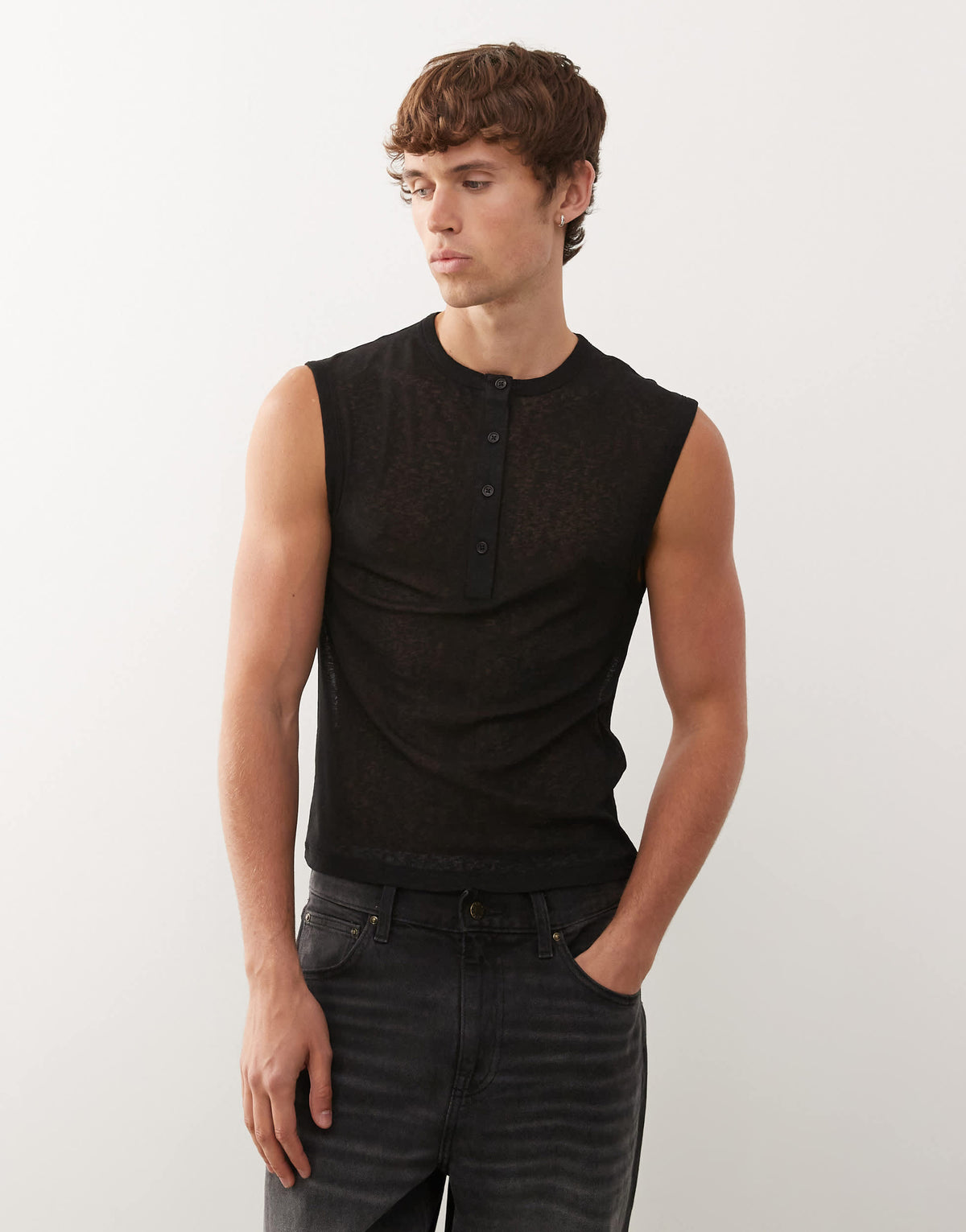 COLLUSION Black henley vest button down in mesh