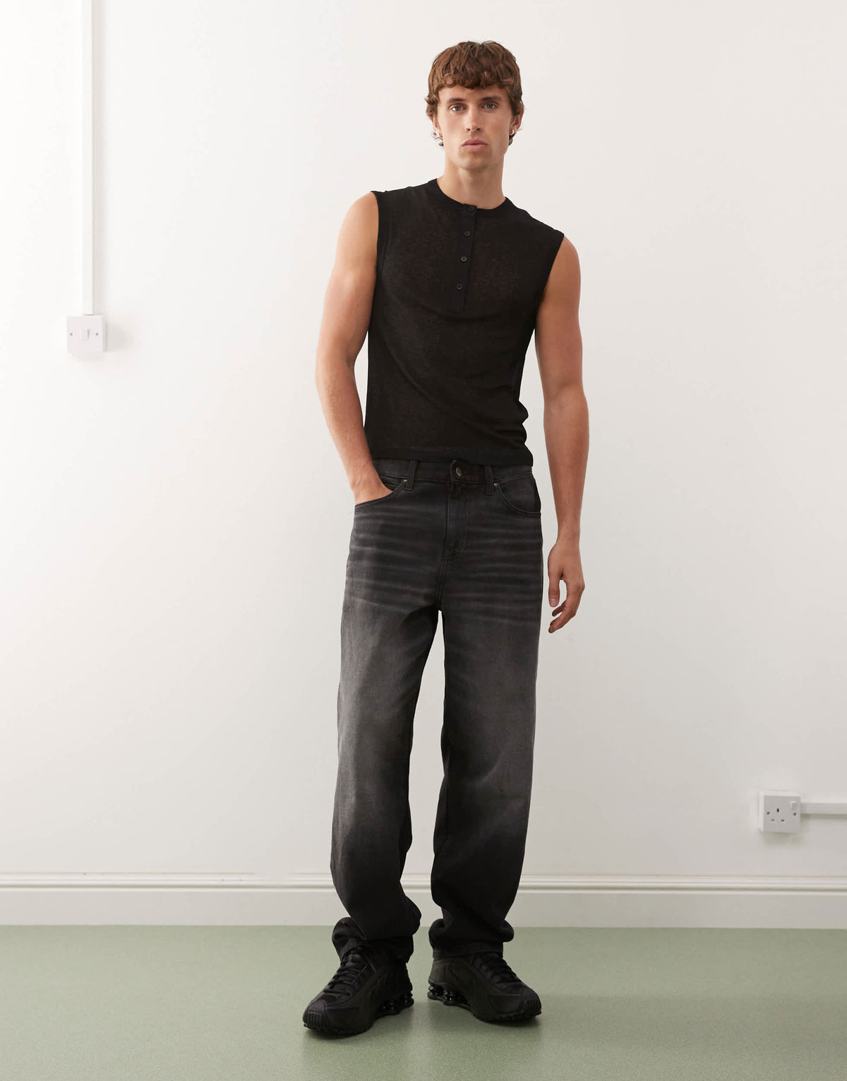 COLLUSION Black henley vest button down in mesh