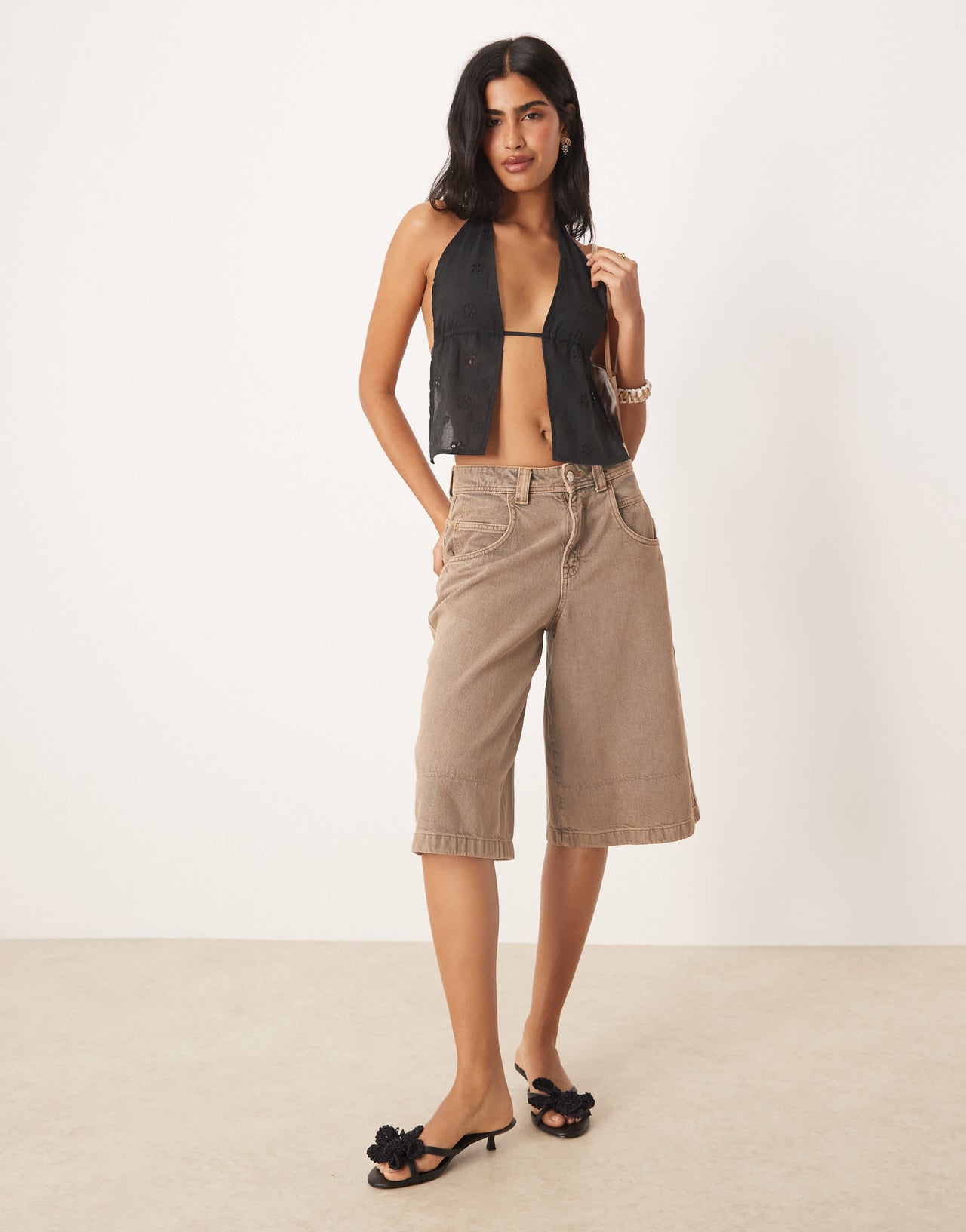 Motel ryoma halter broderie top in black
