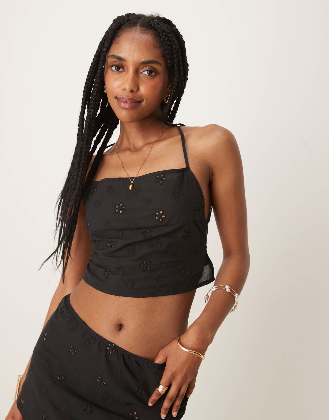 Motel  nobita broderie tie-back cami top in black