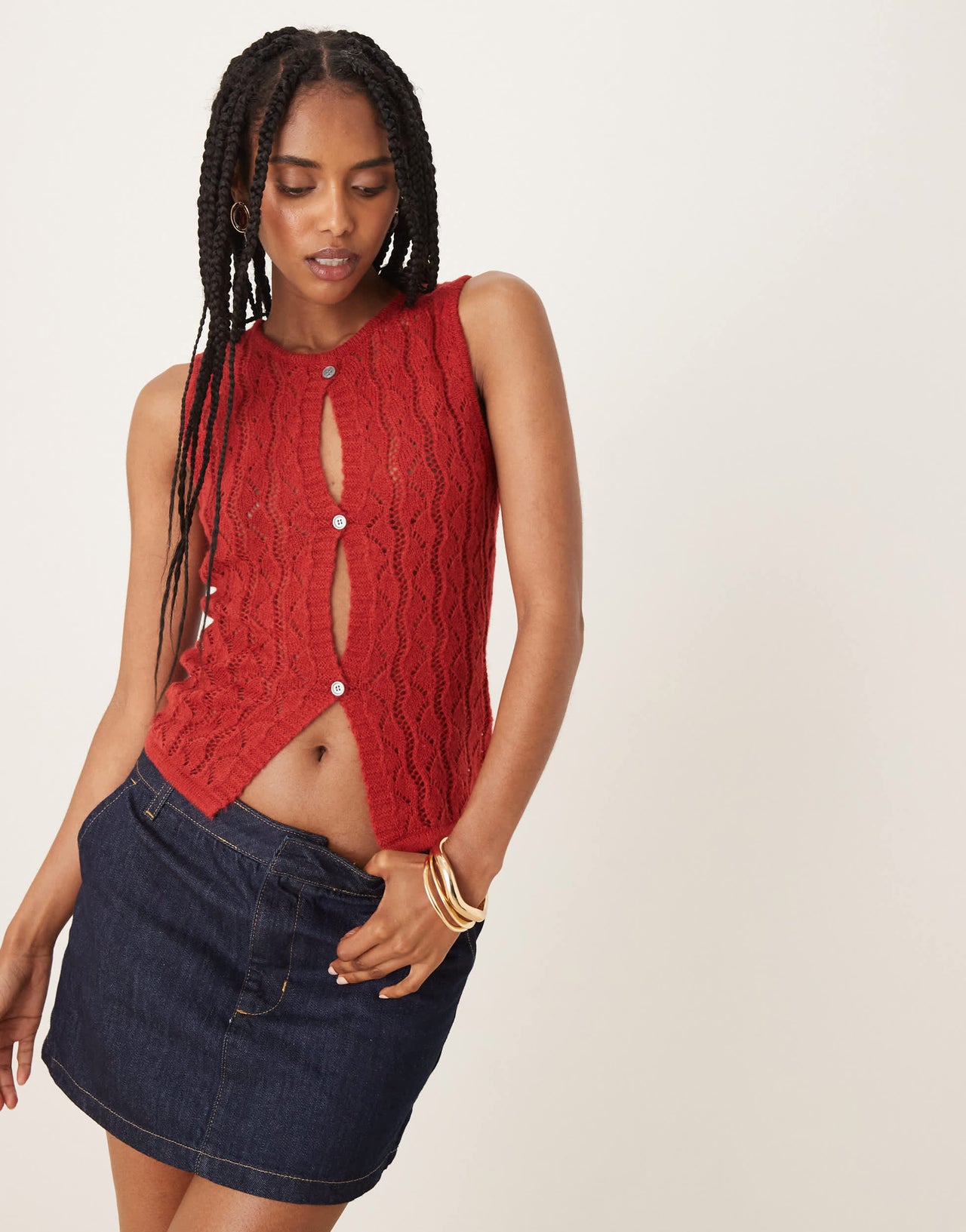 Motel birama button detail knit tank top in red