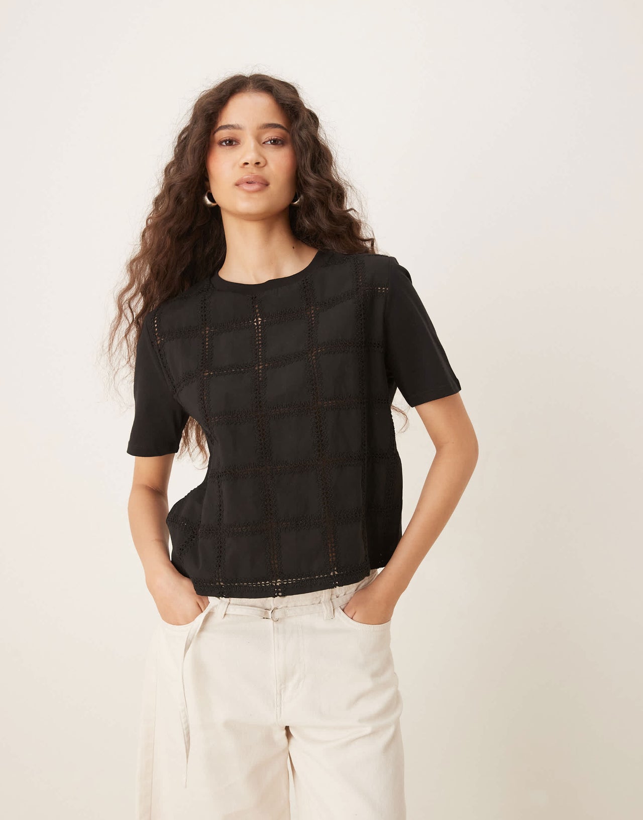 Mango crochet detail relaxed fit t-shirt in black
