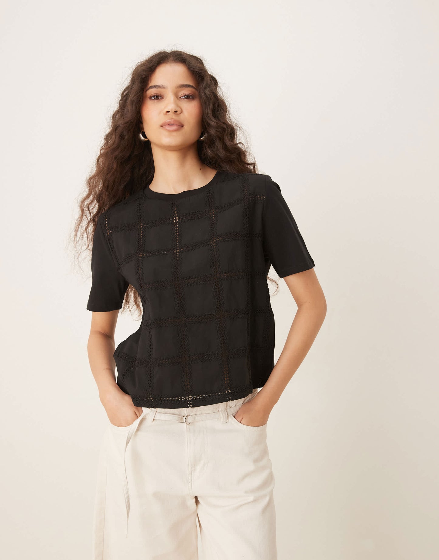 Mango crochet detail relaxed fit t-shirt in black