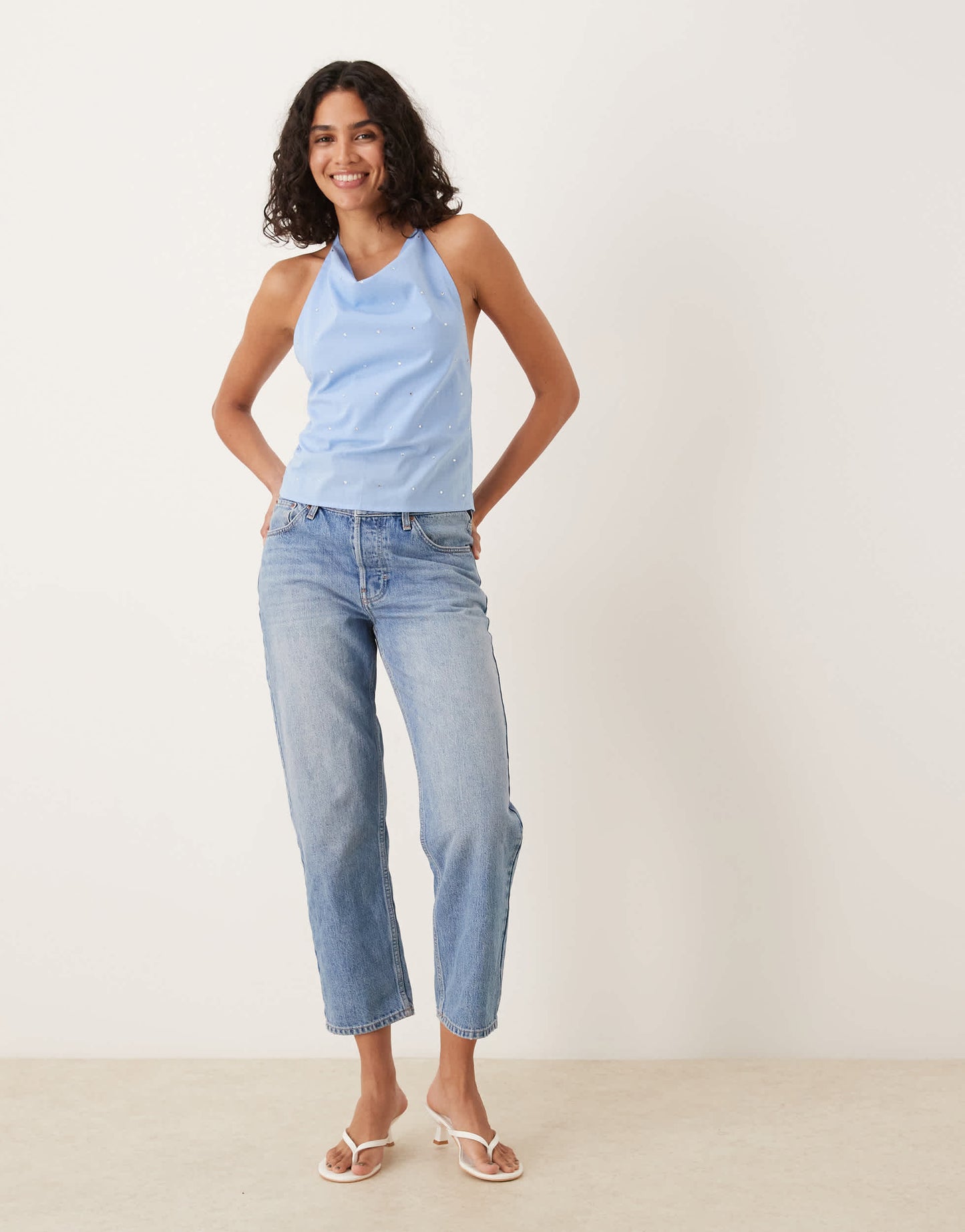 Mango halterneck top with cowl neck with hotfix detail in blue
