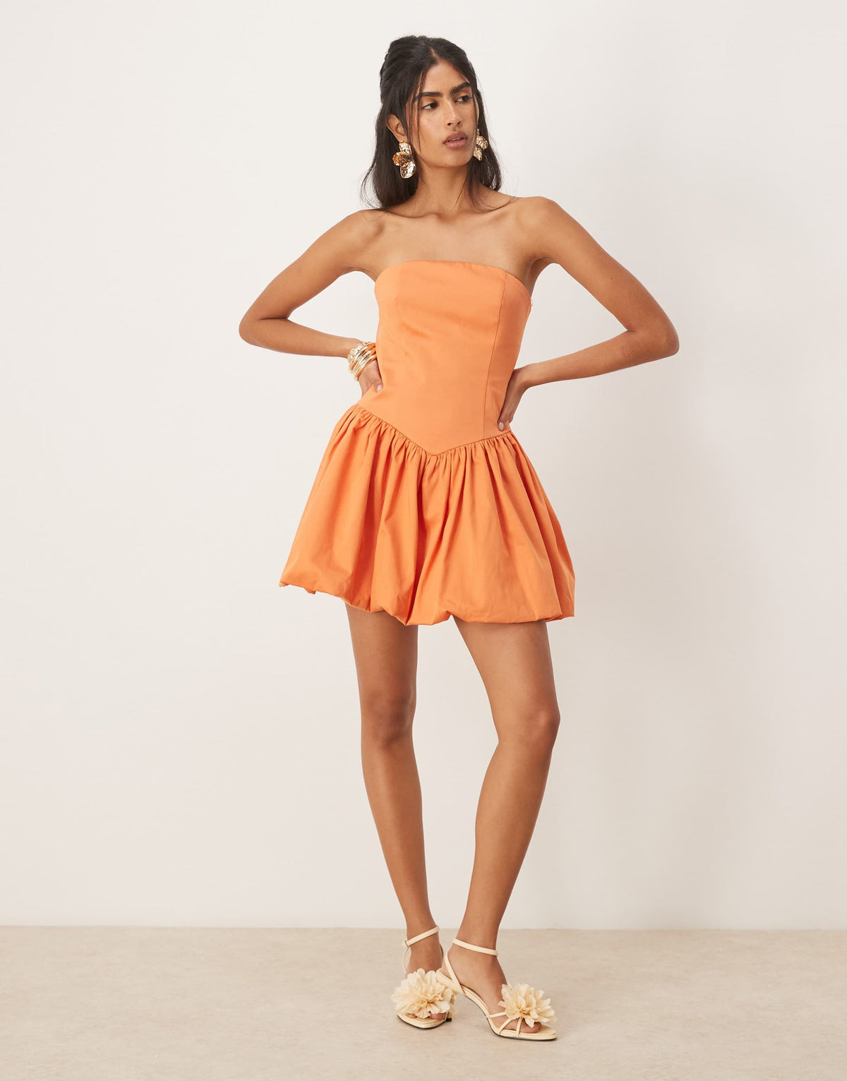 Mango cotton mix bandeau drop waist bubble hem mini dress in orange