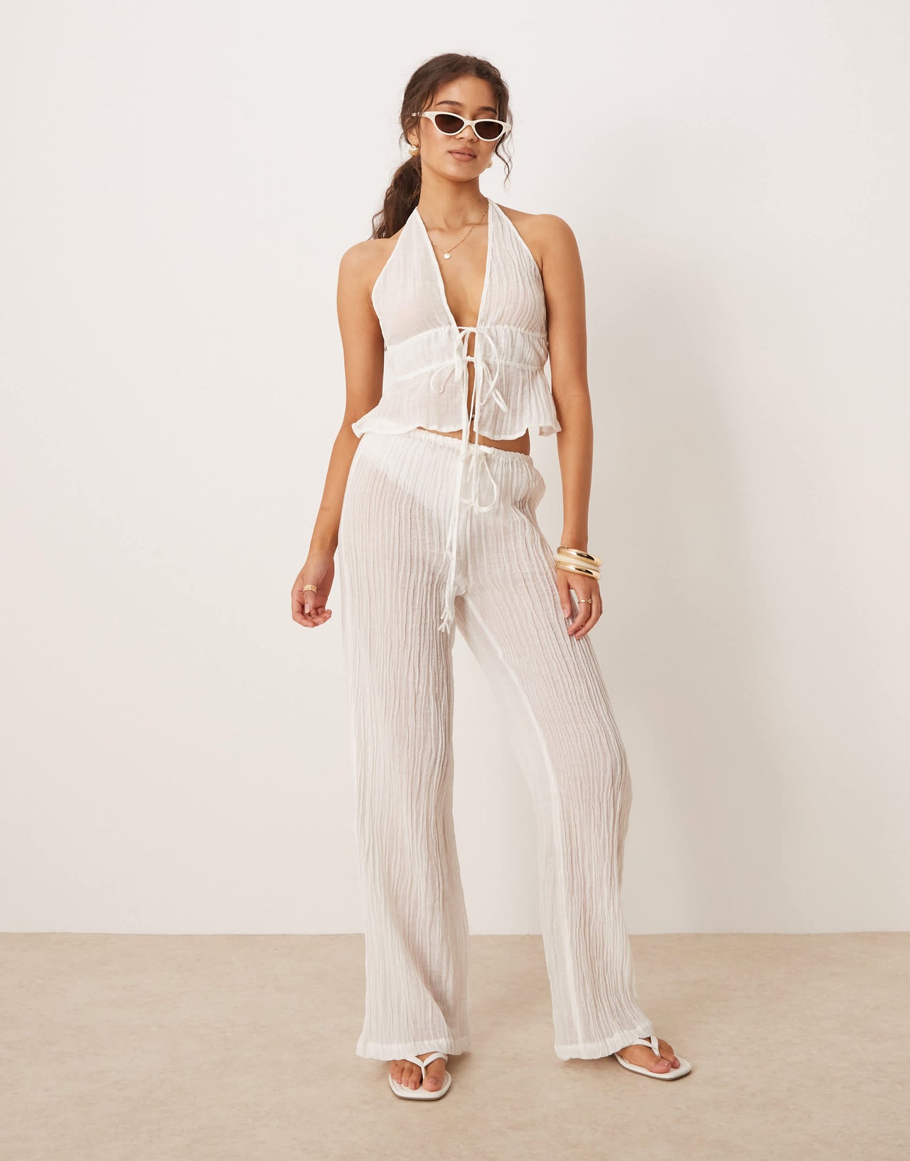 Mango ramie crinkle tie waist co-ord trouser in white