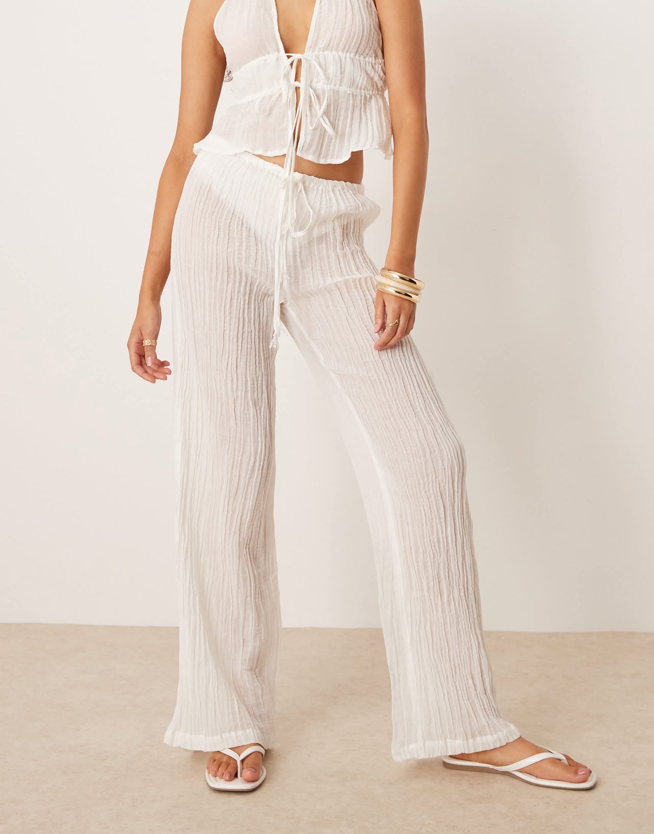 Mango ramie crinkle tie waist co-ord trouser in white