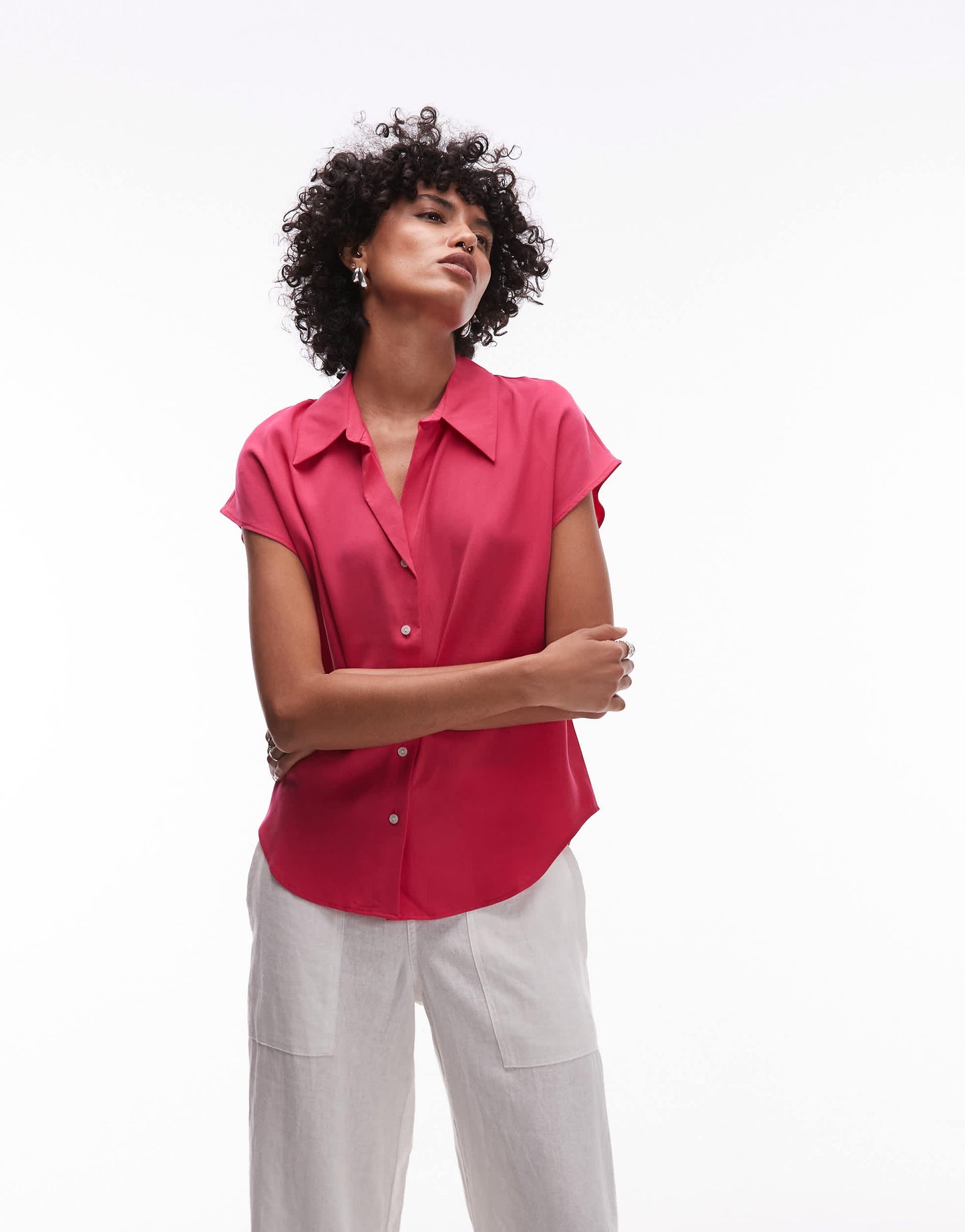 Mango classic sleeveless satin shirt with rounded hem in red