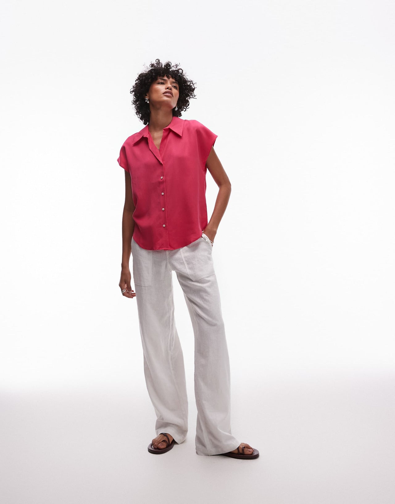 Mango classic sleeveless satin shirt with rounded hem in red