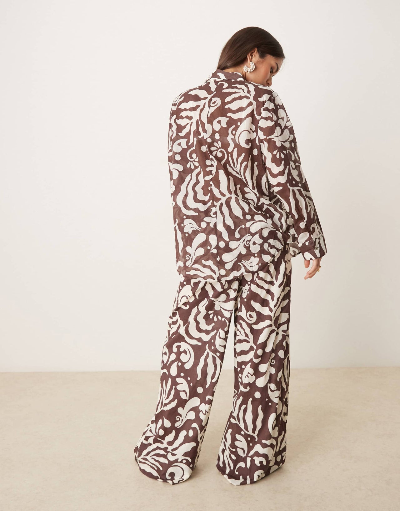 Mango abstract botanical print tie waist wide leg trouser co-ord in brown