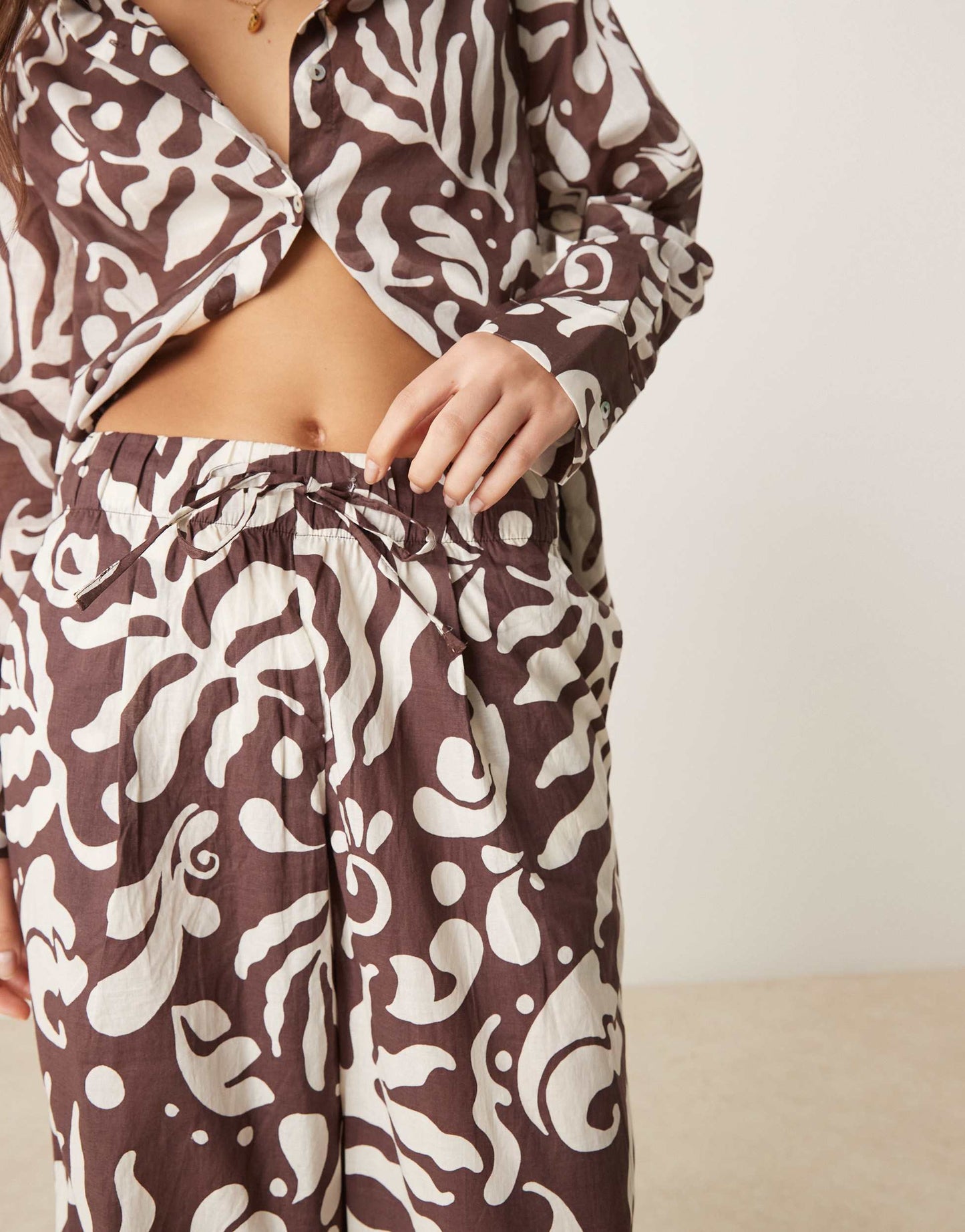 Mango abstract botanical print tie waist wide leg trouser co-ord in brown