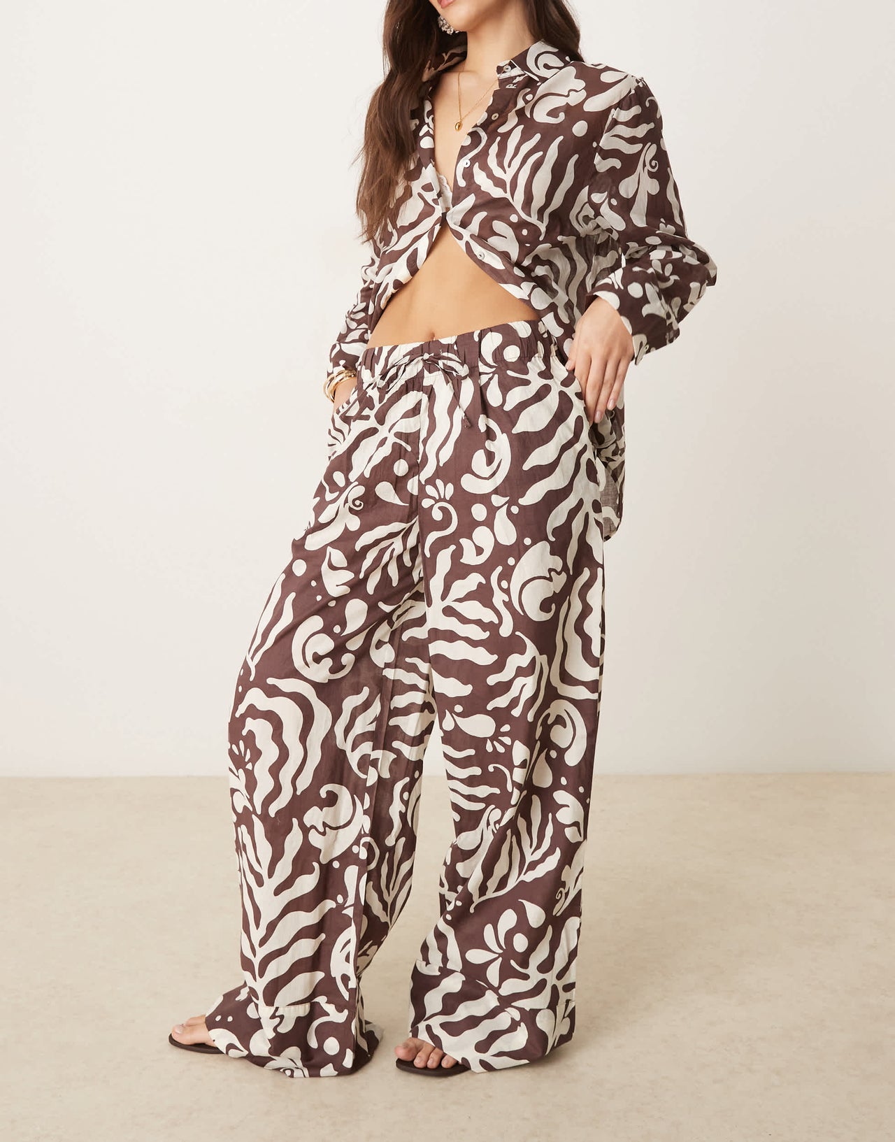 Mango abstract botanical print tie waist wide leg trouser co-ord in brown