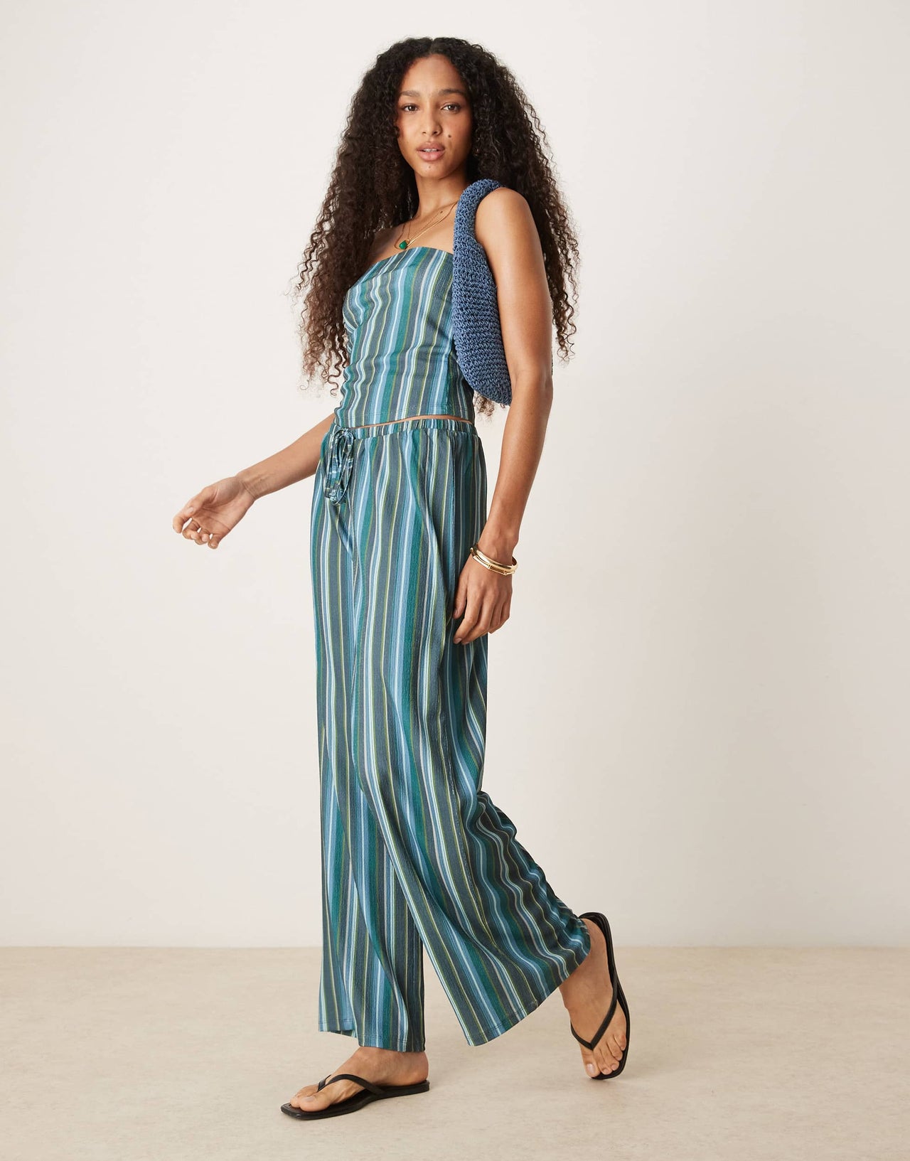 ASOS DESIGN textured stripe mid rise wide leg trousers co ord in teal