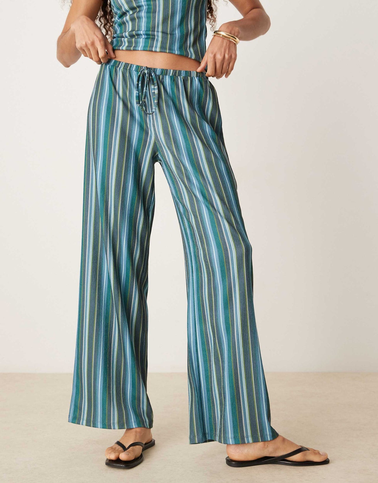 ASOS DESIGN textured stripe mid rise wide leg trousers co ord in teal