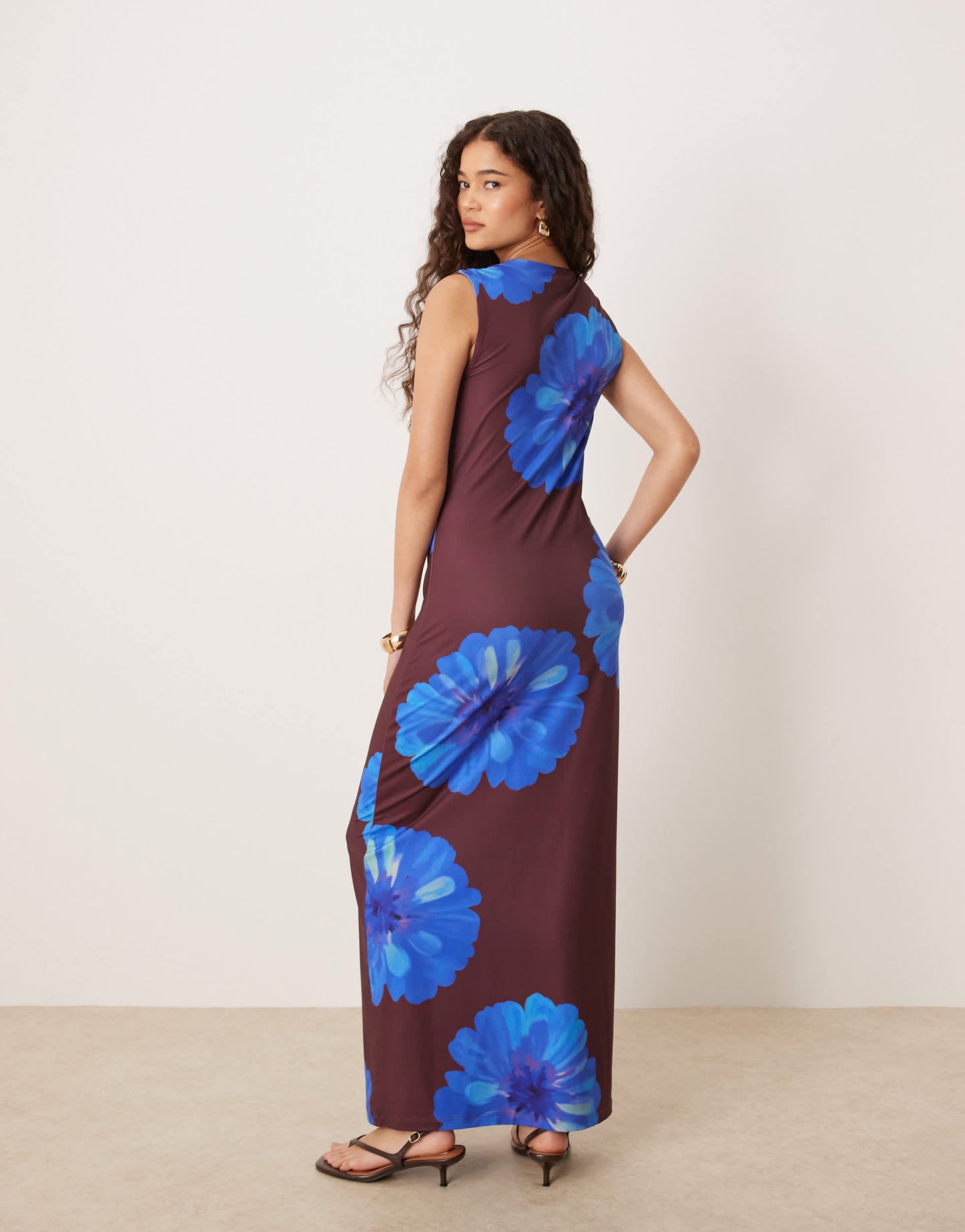 ASOS DESIGN cowl neck floral printed maxi dress in brown