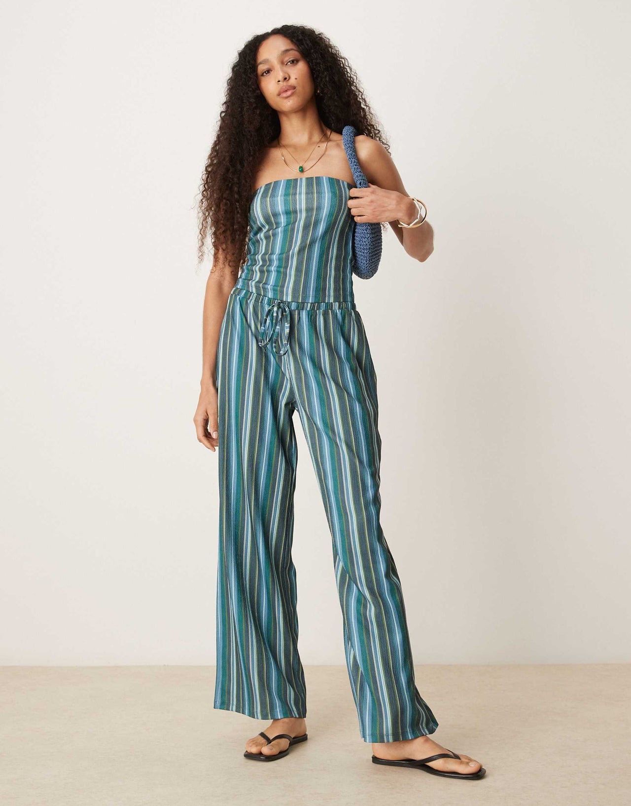 ASOS DESIGN textured stripe bandeau top co ord in teal