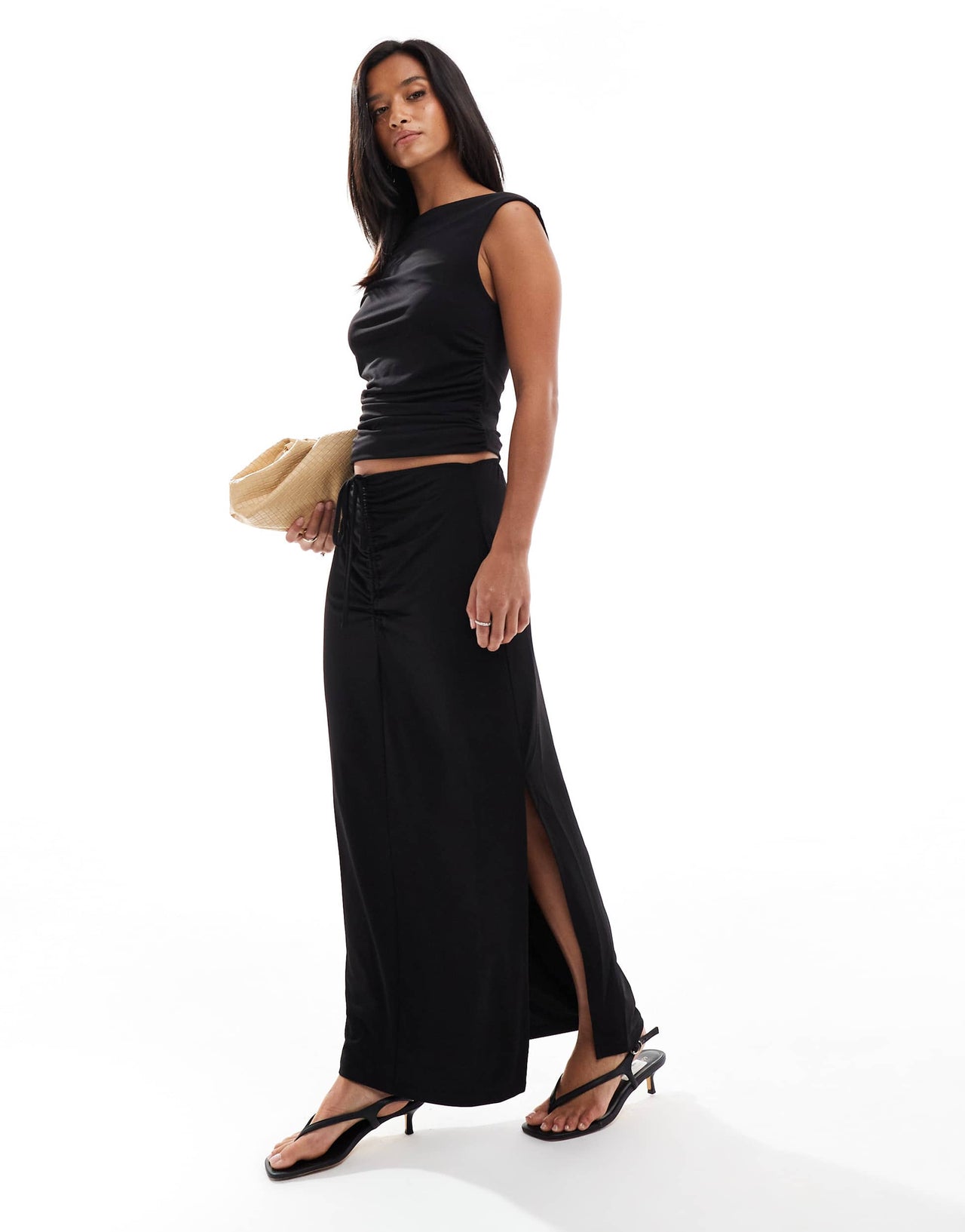 Vero Moda Petite slinky ruched front maxi skirt co-ord in black