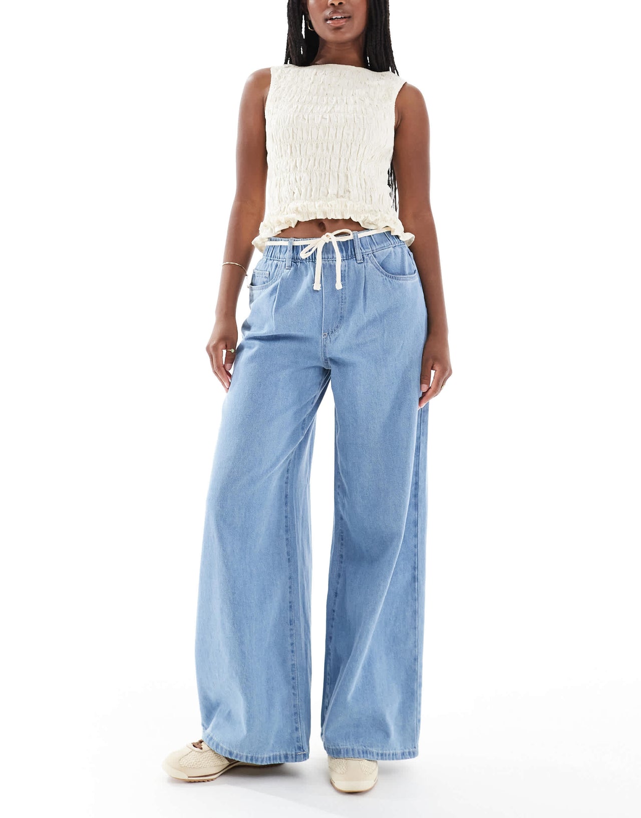 Vero Moda Valeria wide leg dad jean with rope tie waist in light blue wash