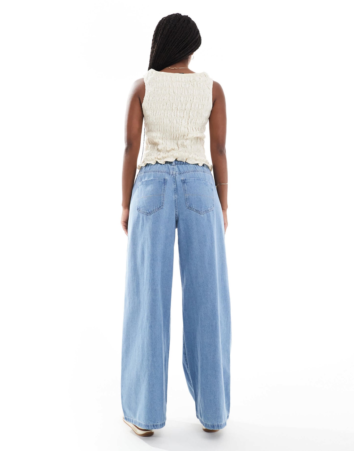 Vero Moda Valeria wide leg dad jean with rope tie waist in light blue wash