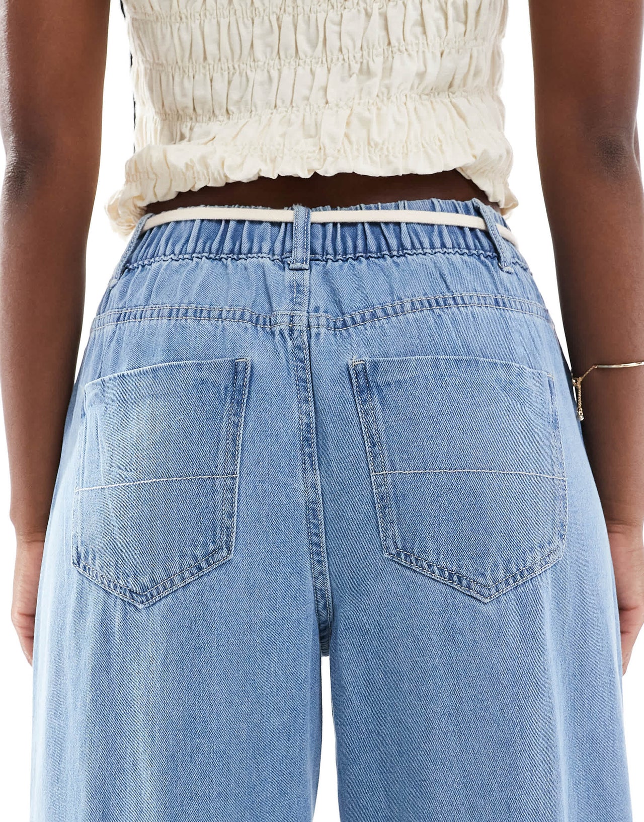 Vero Moda Valeria wide leg dad jean with rope tie waist in light blue wash