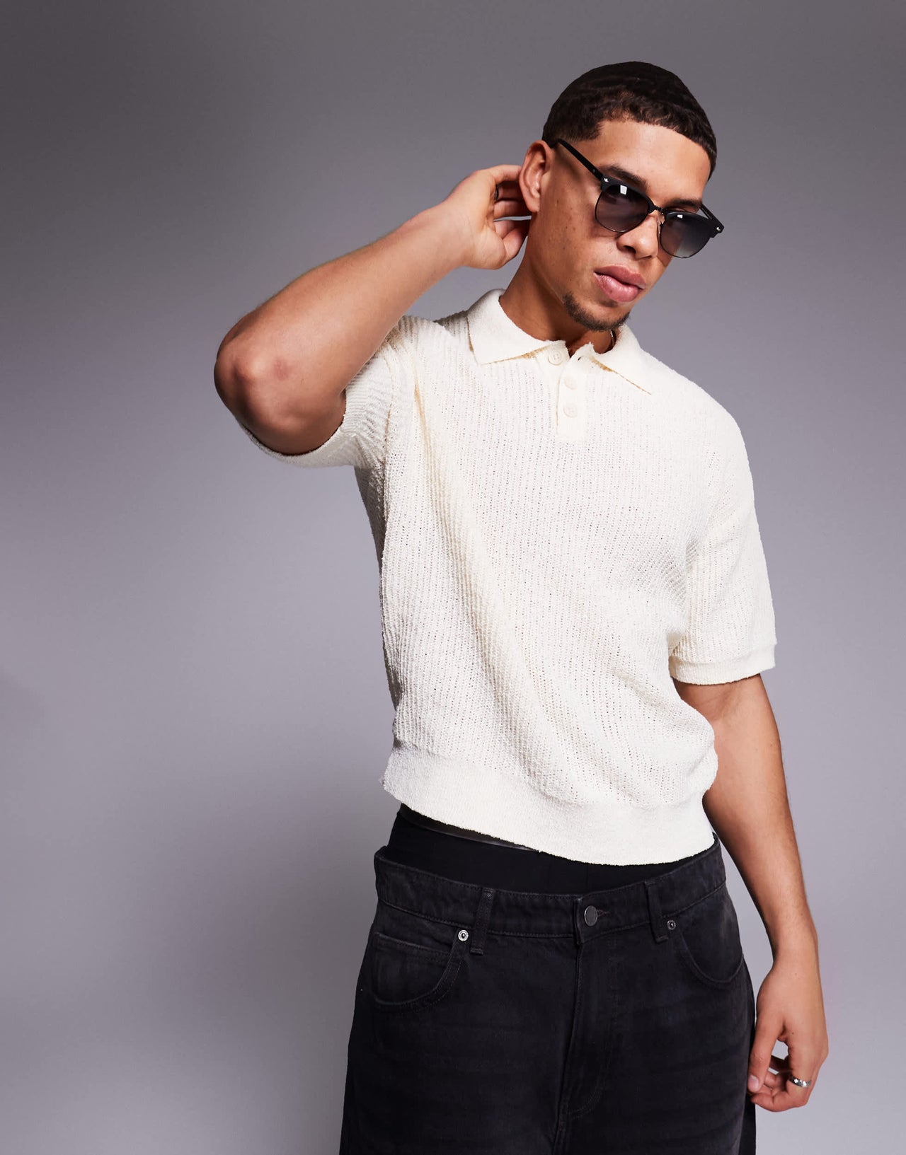 Bershka knitted collar polo in ecru