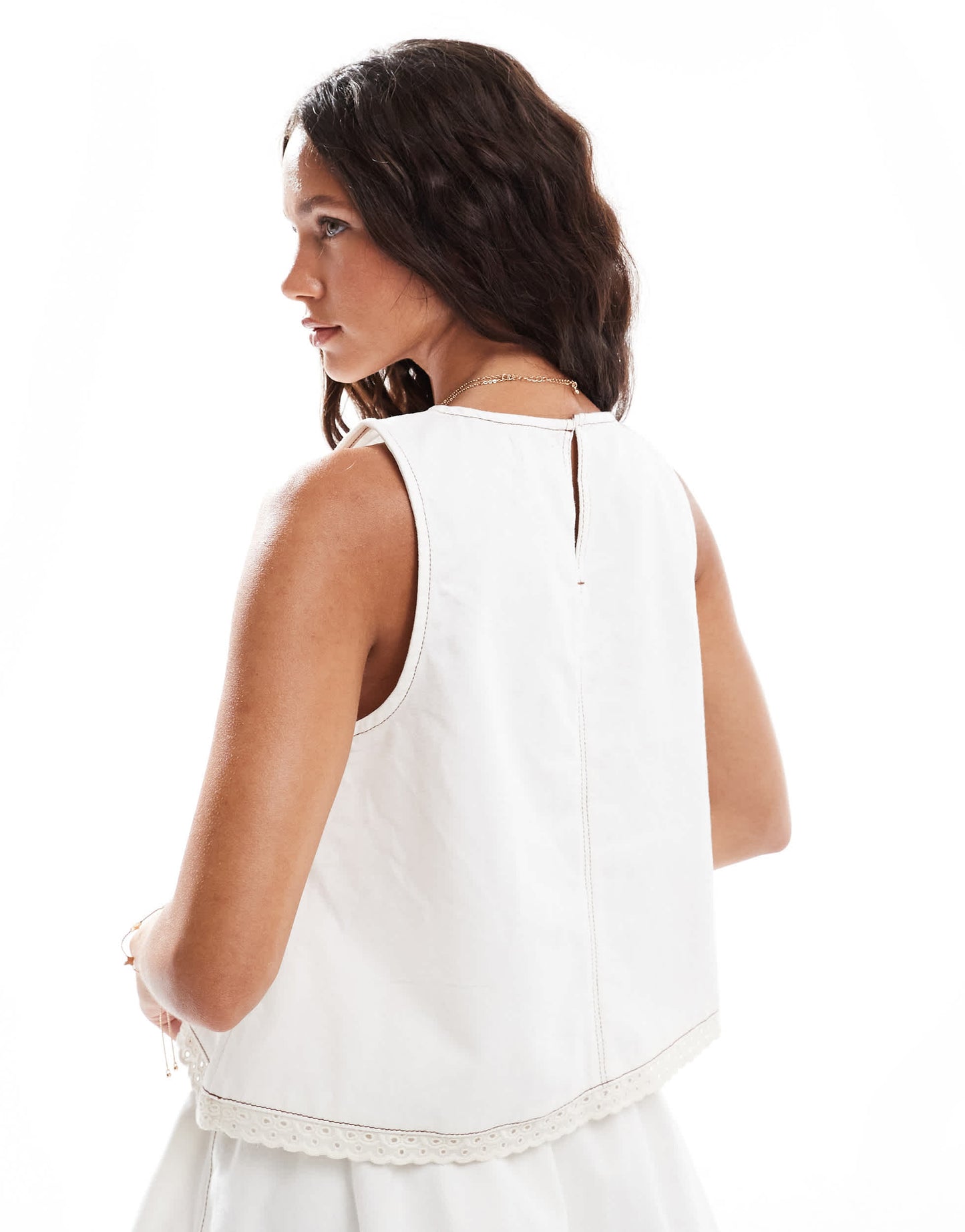 ASOS DESIGN denim shift top with broderie trim in ecru