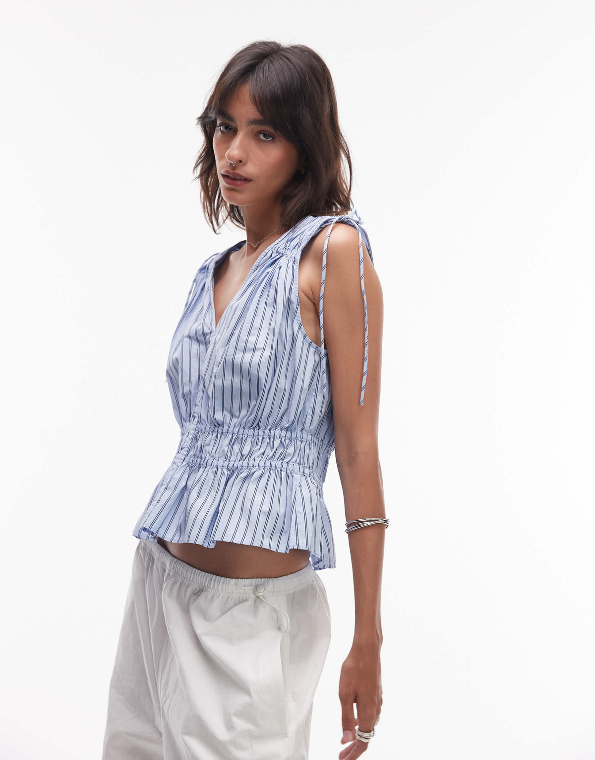& Other Stories sleeveless top with drawstring and elasticated detail in blue stripe