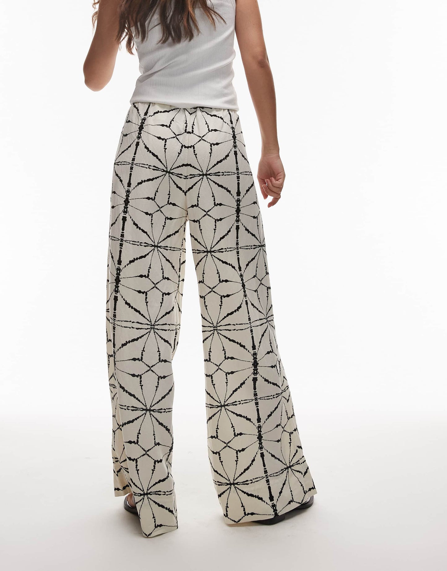 & Other Stories linen wide leg trousers with drawstring waist in off white and black pattern