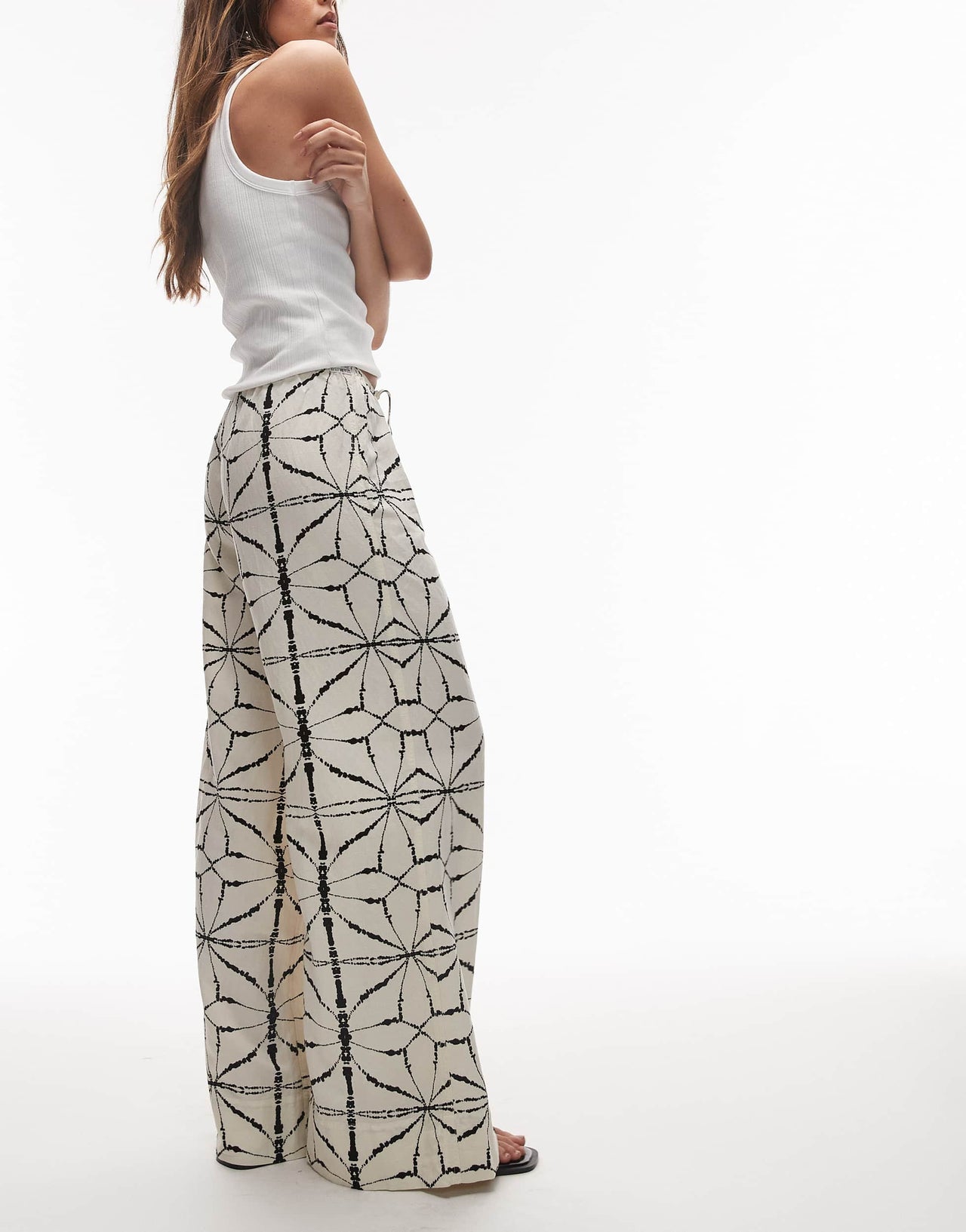 & Other Stories linen wide leg trousers with drawstring waist in off white and black pattern