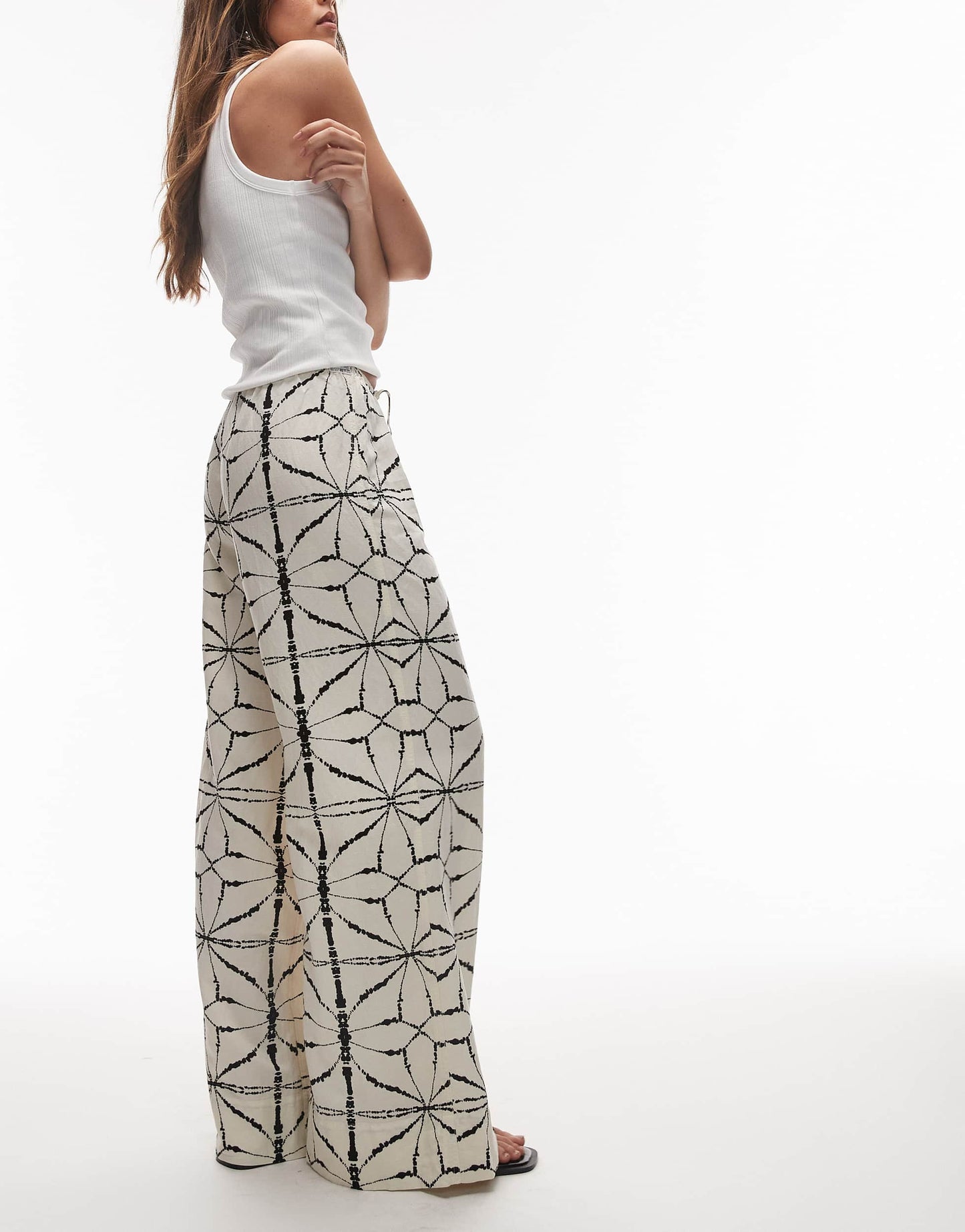 & Other Stories linen wide leg trousers with drawstring waist in off white and black pattern