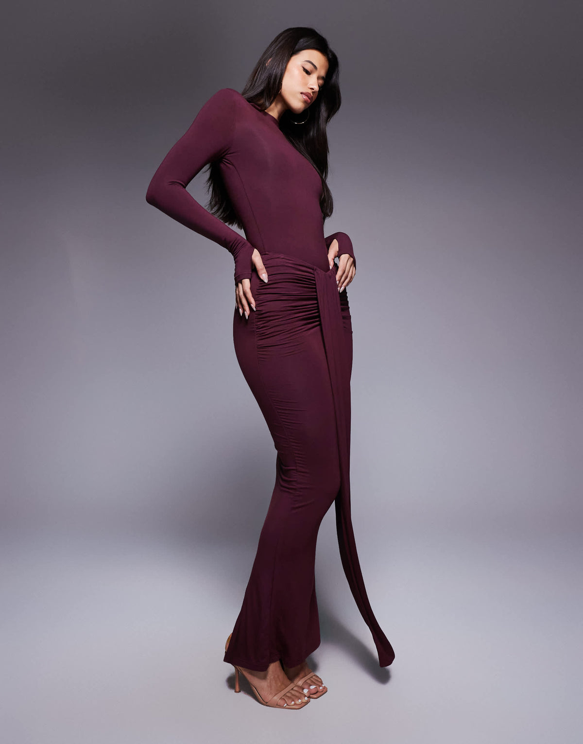 Wanderdoll Nara sculpting second skin drape front maxi skirt co-ord in plum
