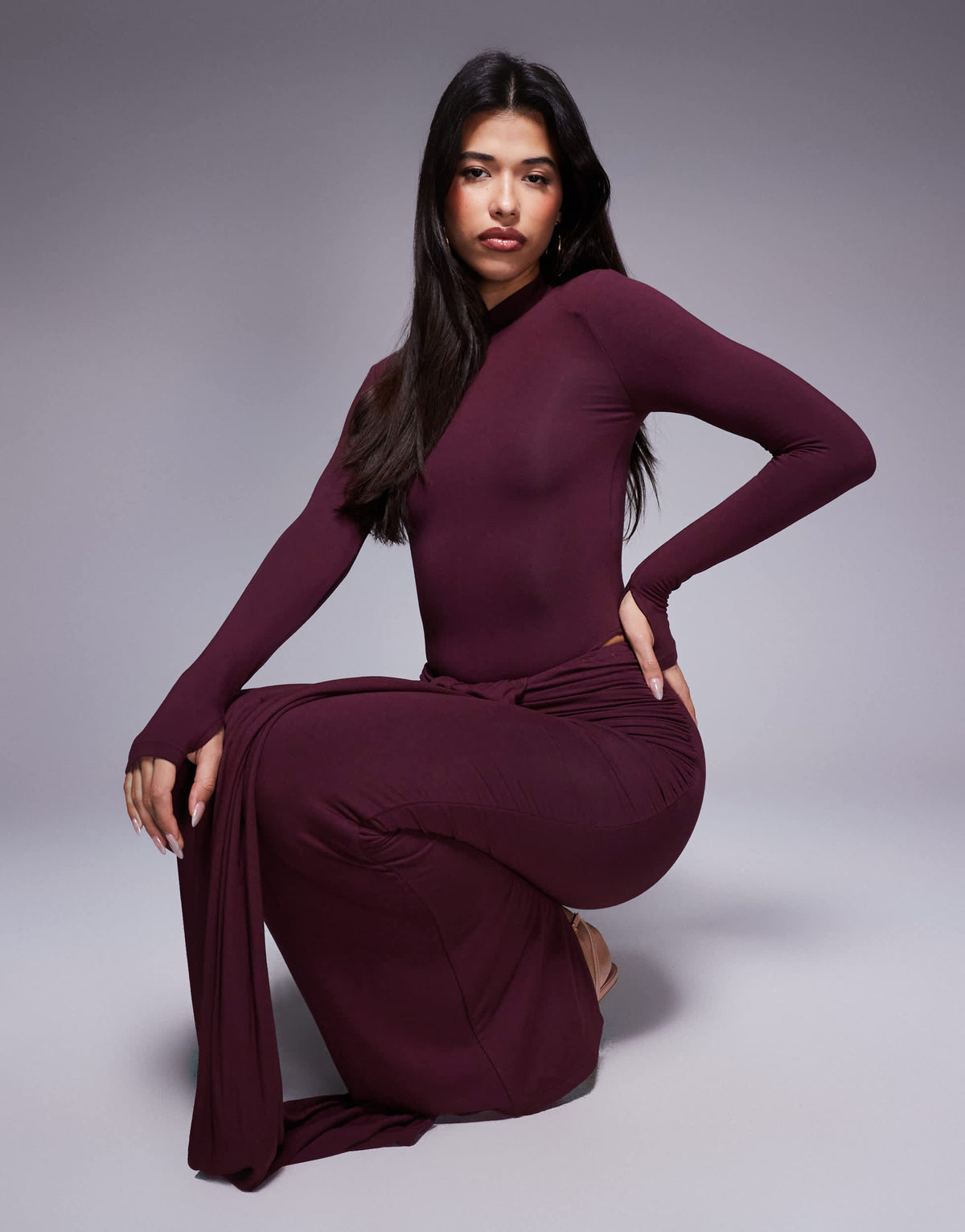 Wanderdoll Nara sculpting second skin drape front maxi skirt co-ord in plum