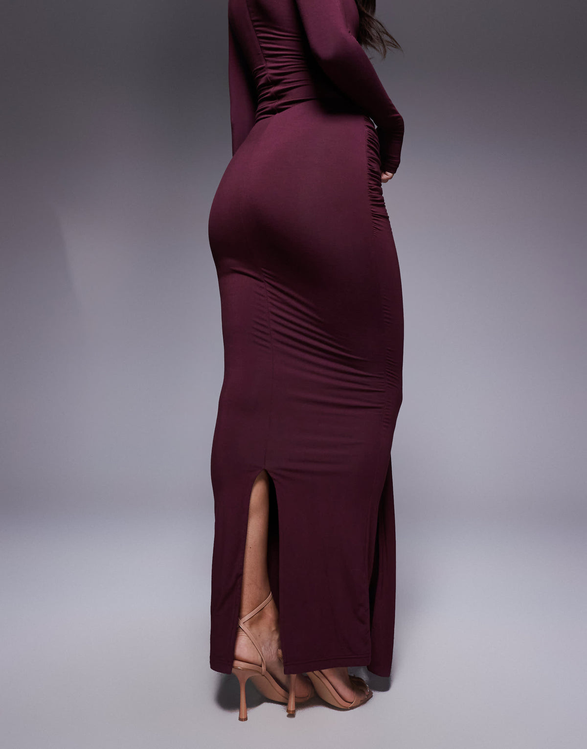 Wanderdoll Nara sculpting second skin drape front maxi skirt co-ord in plum