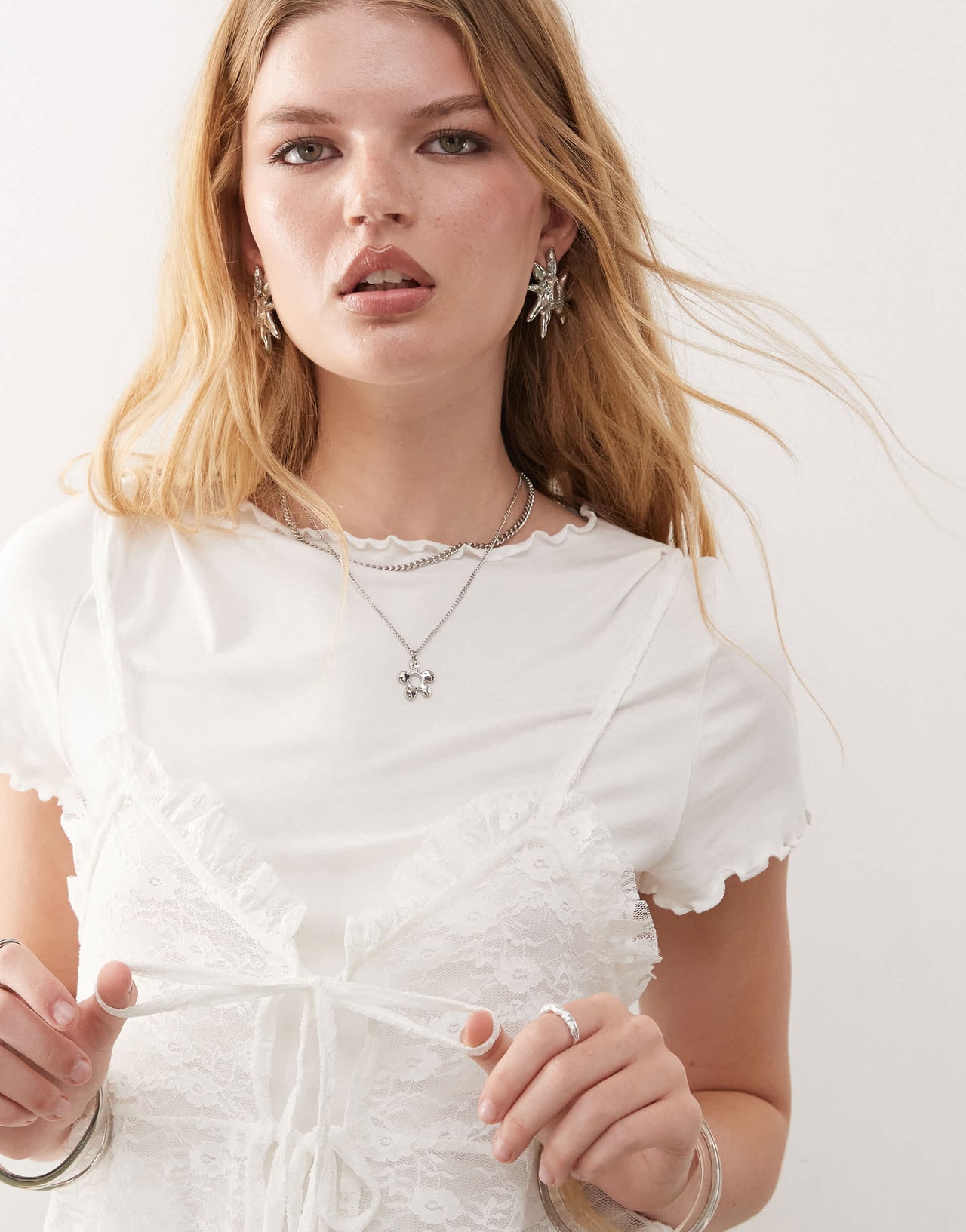 Reclaimed Vintage baby tee with lace layered cami in white