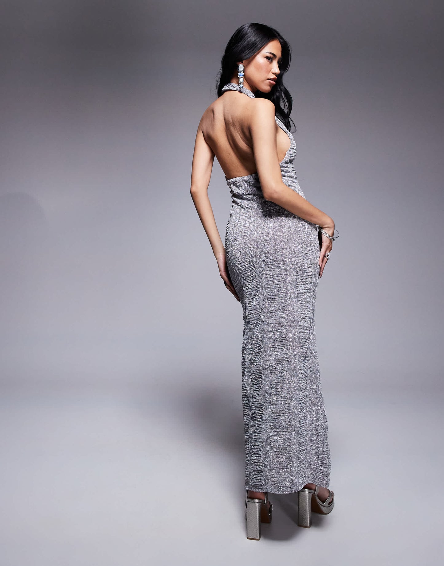 ASOS DESIGN plunge halter neck maxi dress in silver