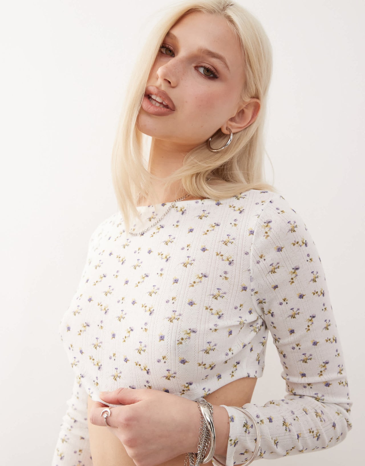 COLLUSION floral pointelle micro crop top in white