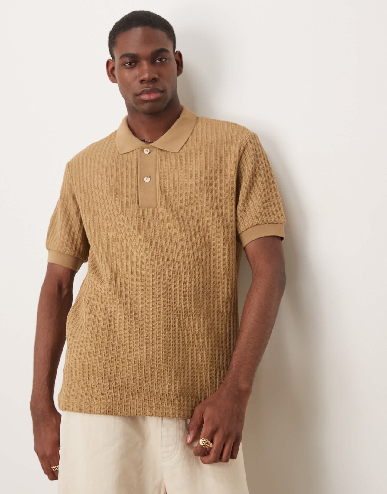 Mango light knit ribbed polo top in tan