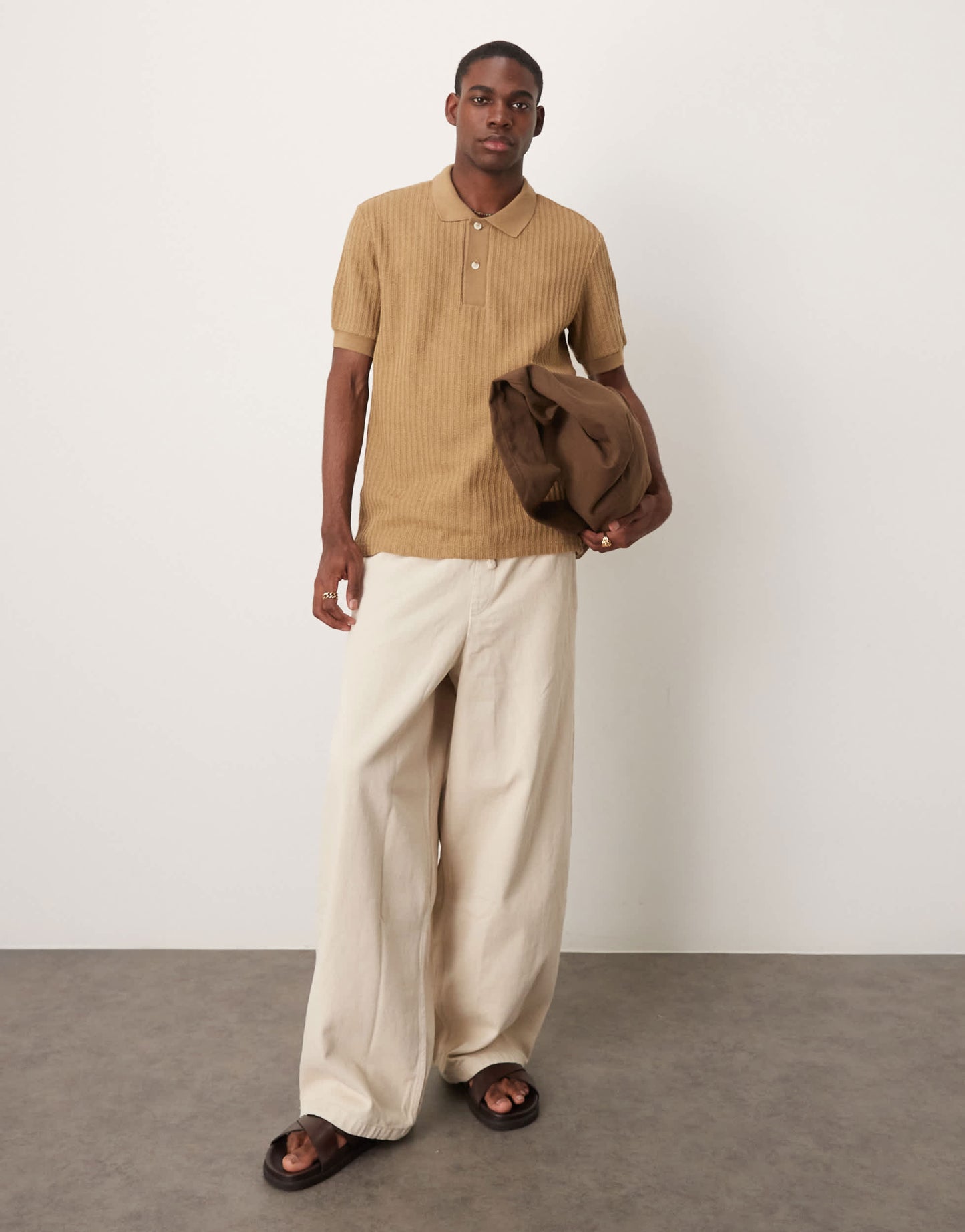 Mango light knit ribbed polo top in tan
