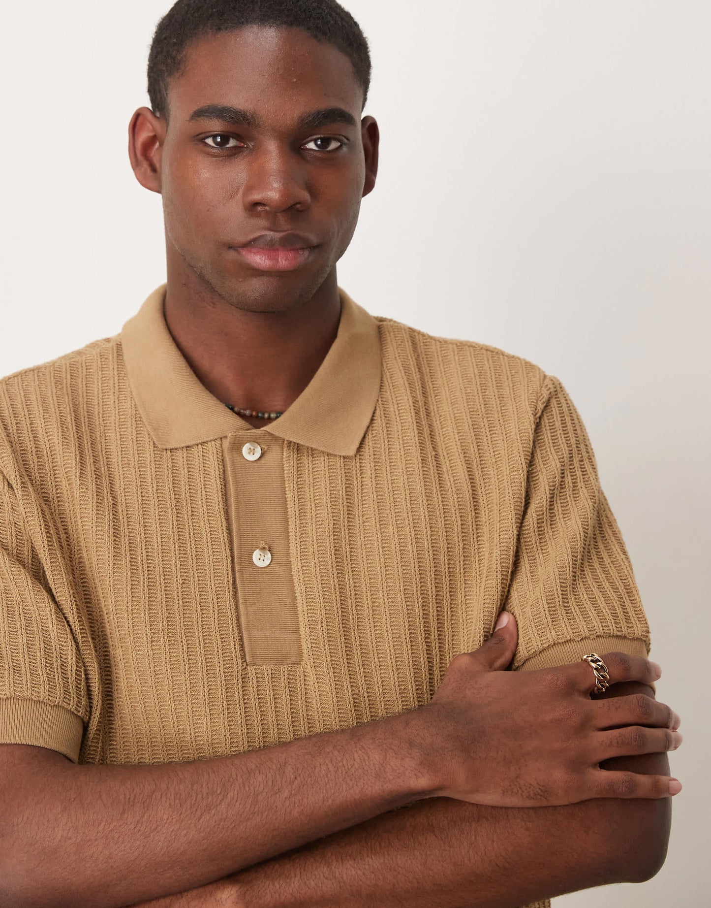 Mango light knit ribbed polo top in tan