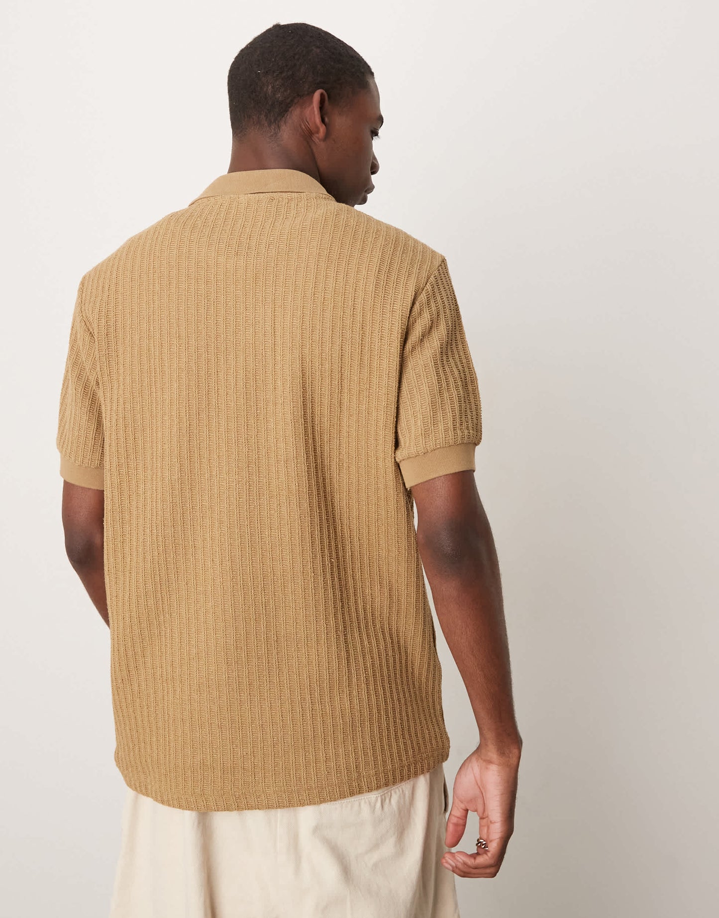 Mango light knit ribbed polo top in tan