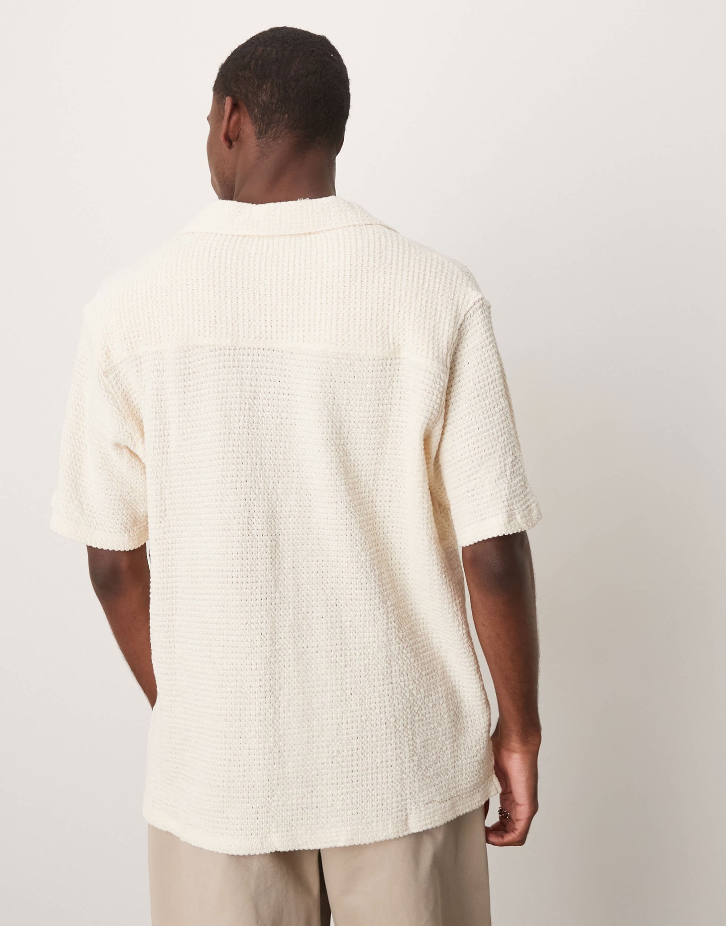 Mango waffle texture revere collar polo top in ecru
