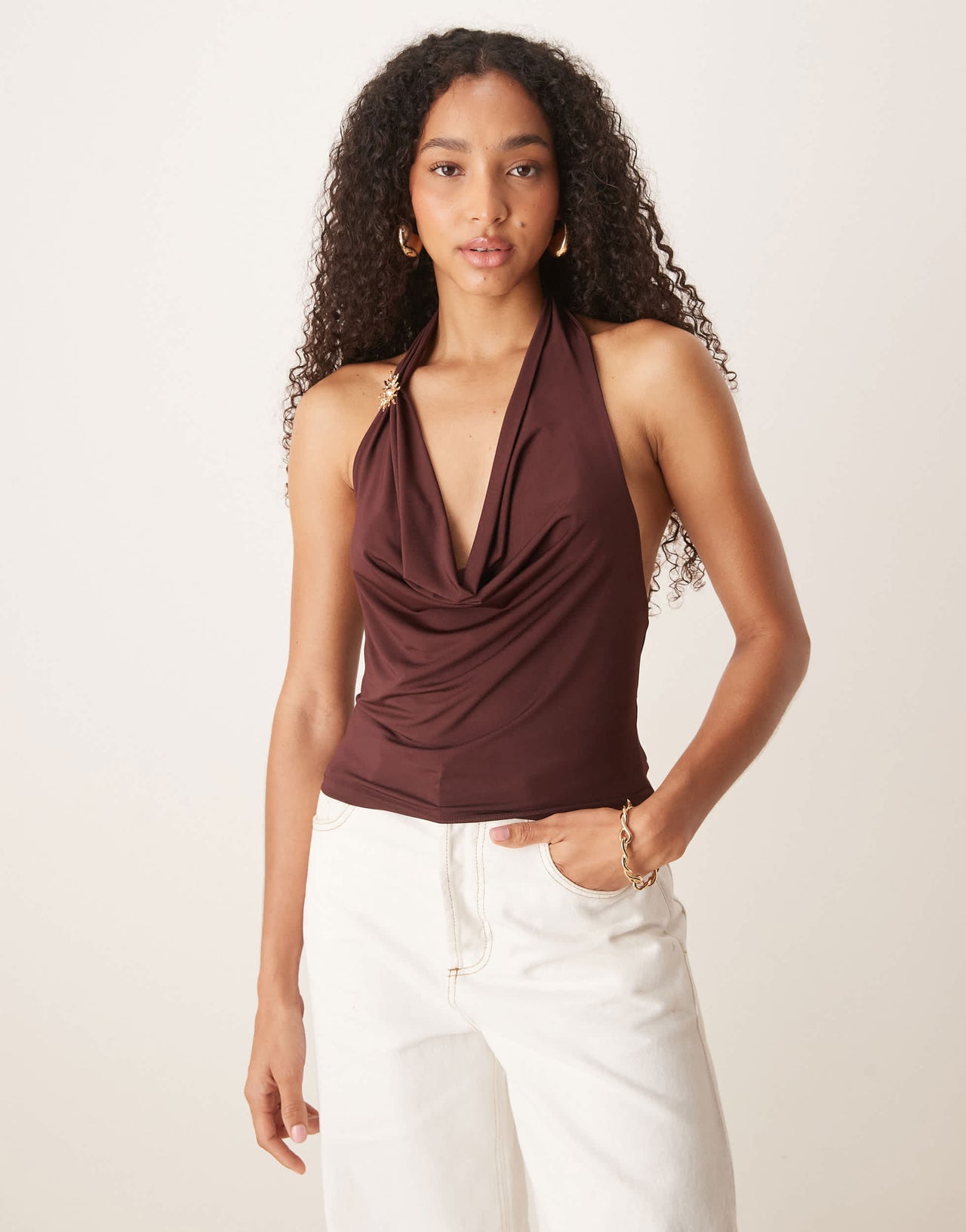 ASOS DESIGN slinky cowl neck top with gold trim detail in brown