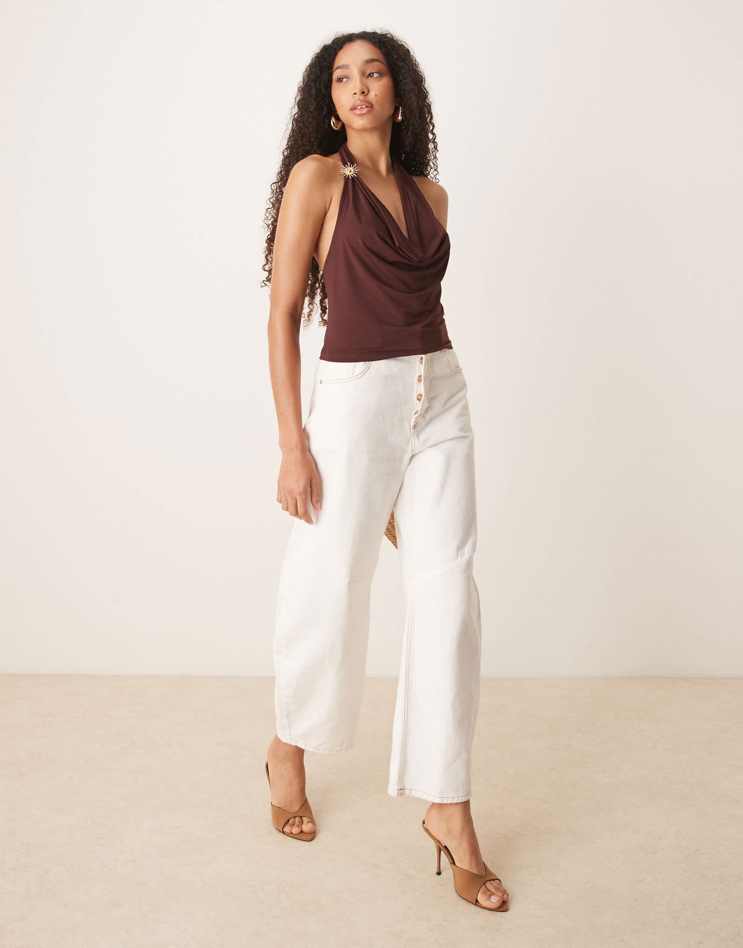 ASOS DESIGN slinky cowl neck top with gold trim detail in brown