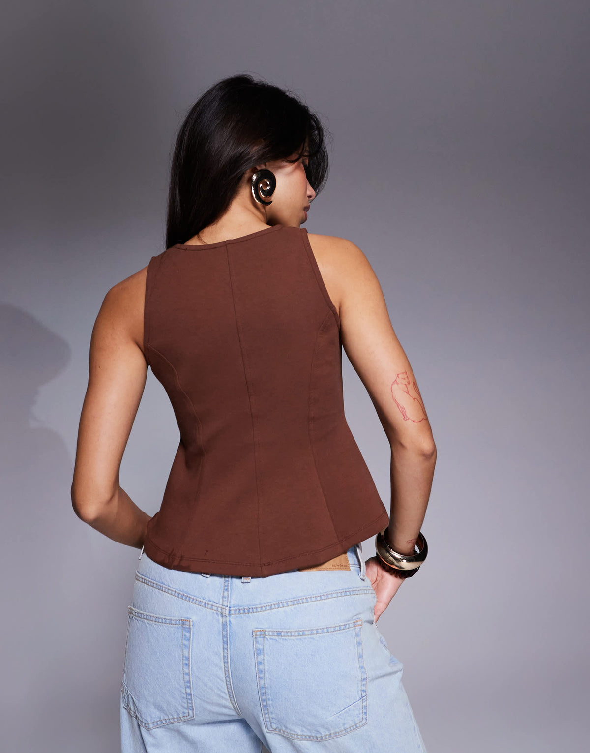 ASOS DESIGN ponte cinch waist square neck button down top in chocolate