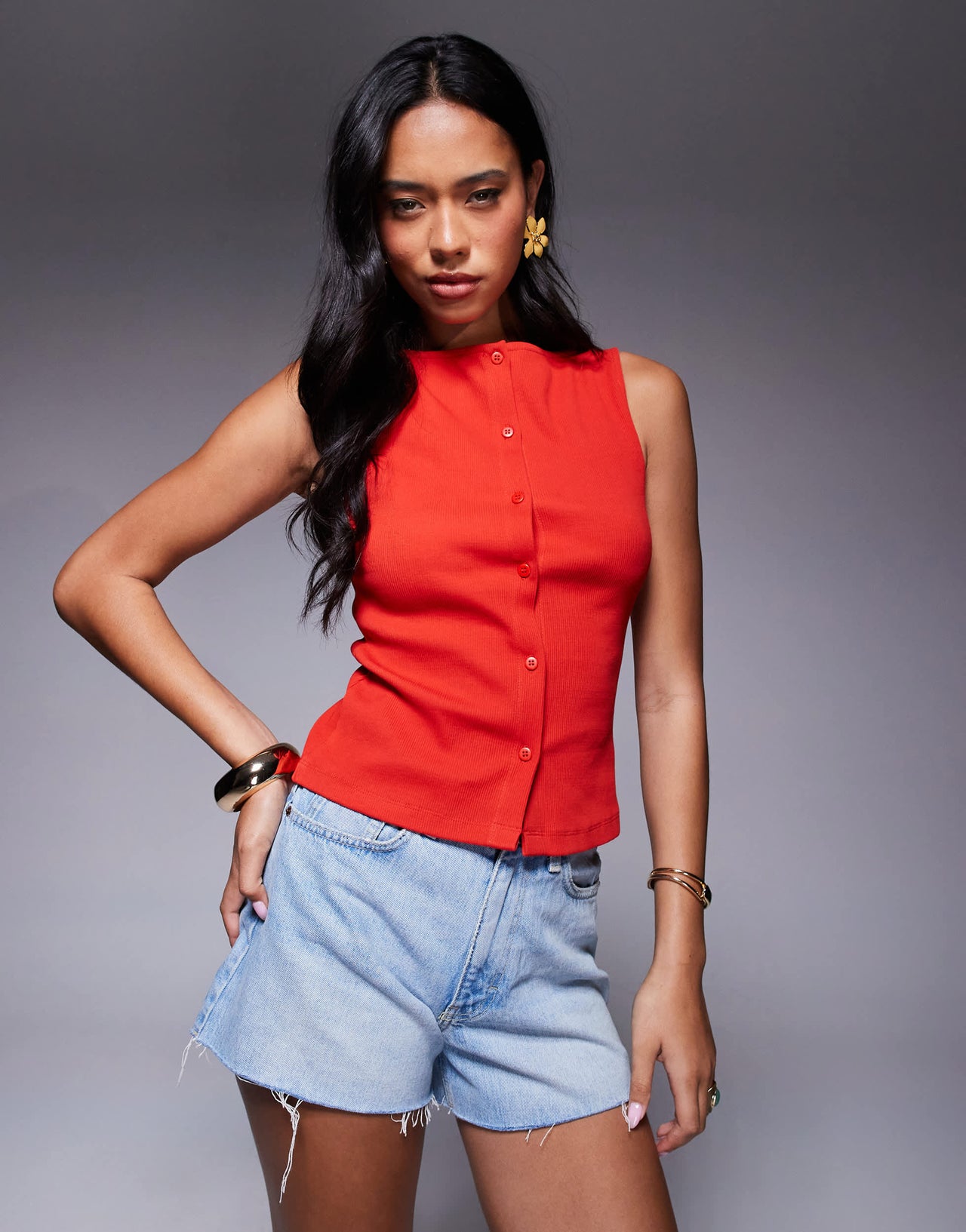 ASOS DESIGN wide neck ribbed button through tank top in red