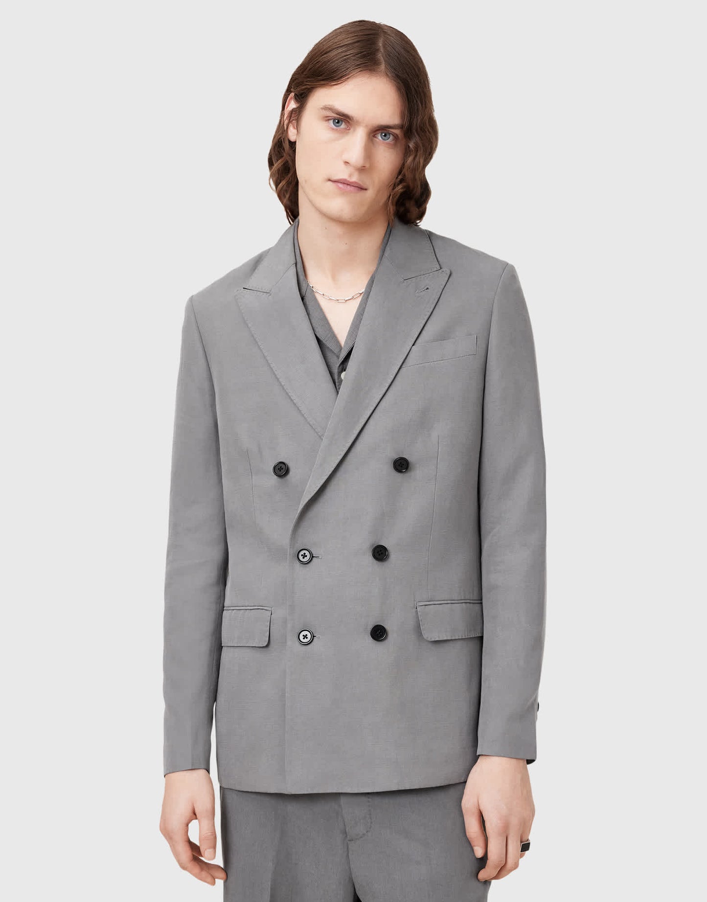 Allsaints Orpheus double breasted tailored blazer in light grey - GREY