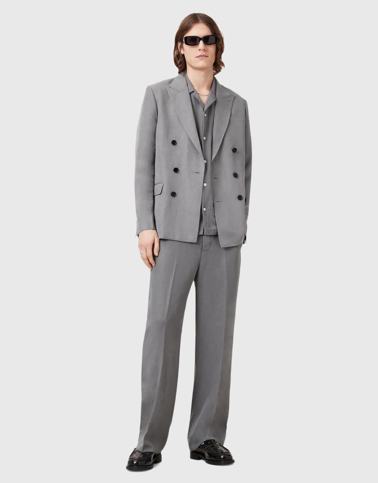 Allsaints Orpheus double breasted tailored blazer in light grey - GREY